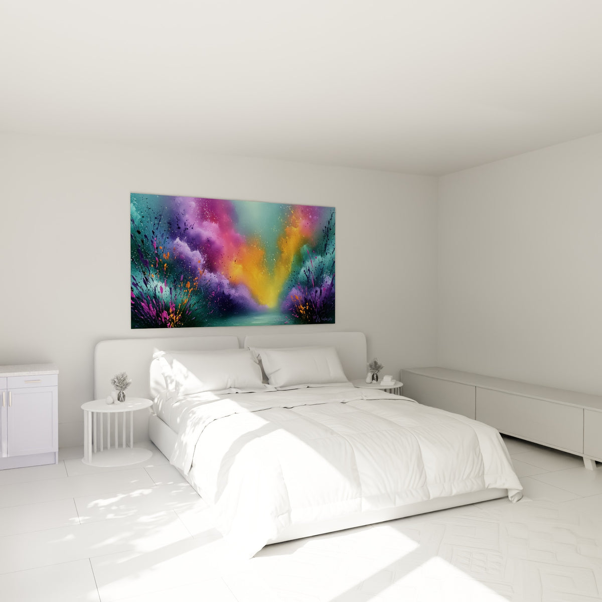 Explosion lumineuse dorée et violette du style Peinture abstrait au-dessus d'un lit dans une chambre claire