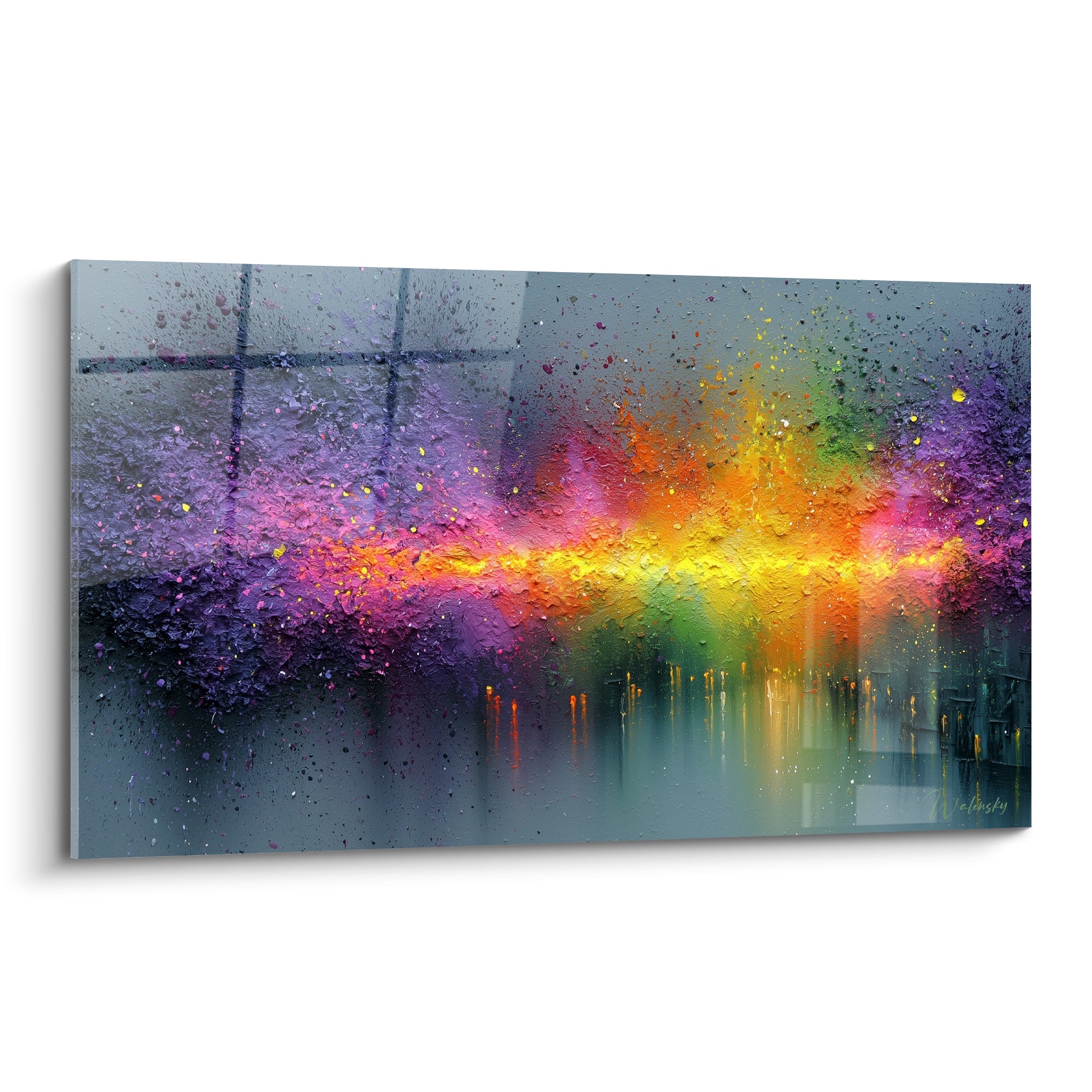 Explosion violette et dorée sur fond gris anthracite, tableau style Peinture abstrait en pleine lumière