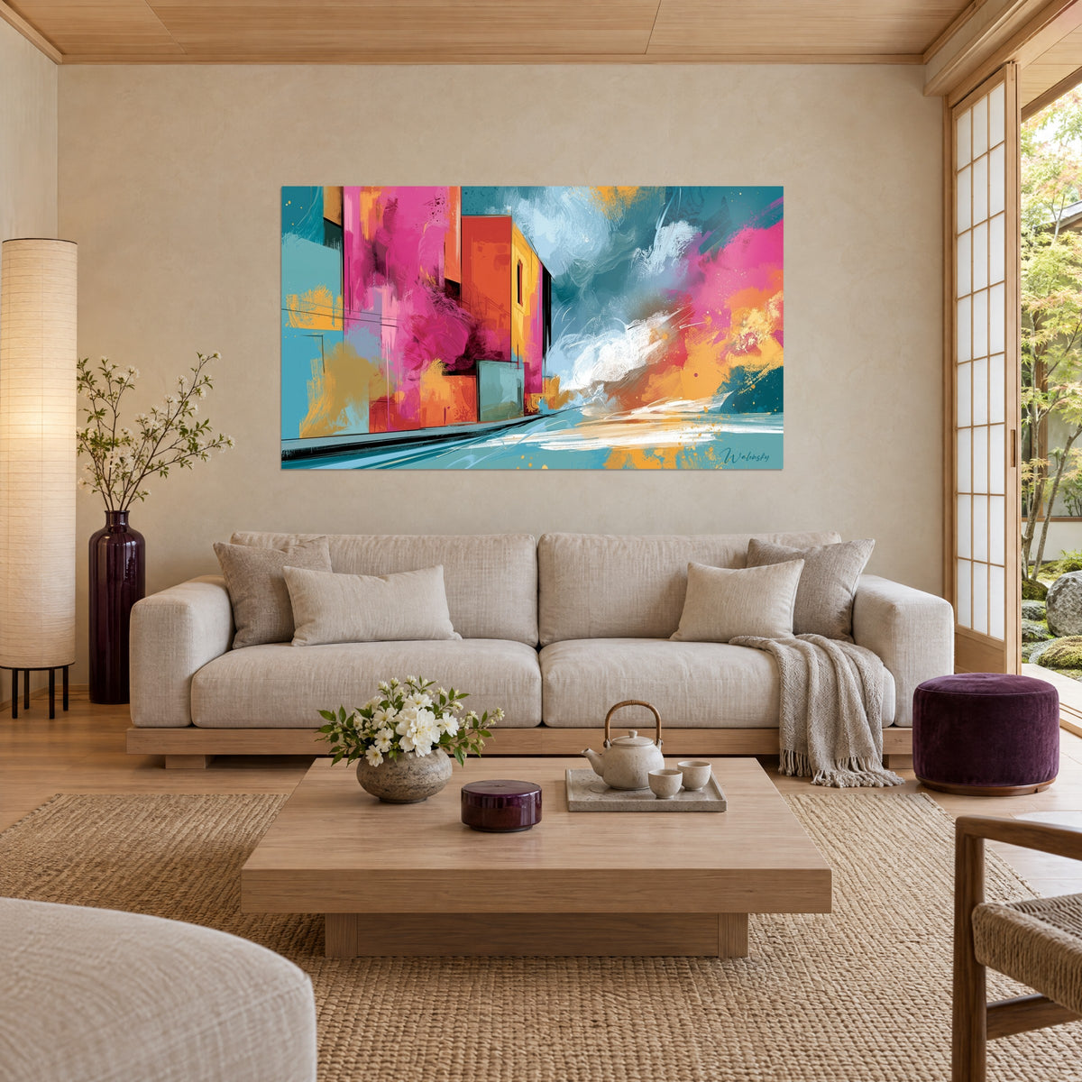 Tableau ruelle urbaine aux façades fuchsia et orange sous un ciel bleu canard, au-dessus d'un canapé dans un salon lumineux