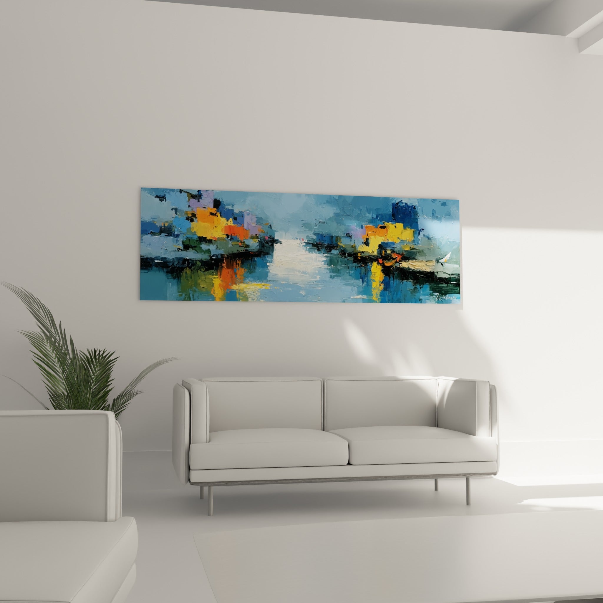 Composition portuaire bleu et violet pâle avec éclats dorés, au-dessus d'un canapé dans un salon lumineux