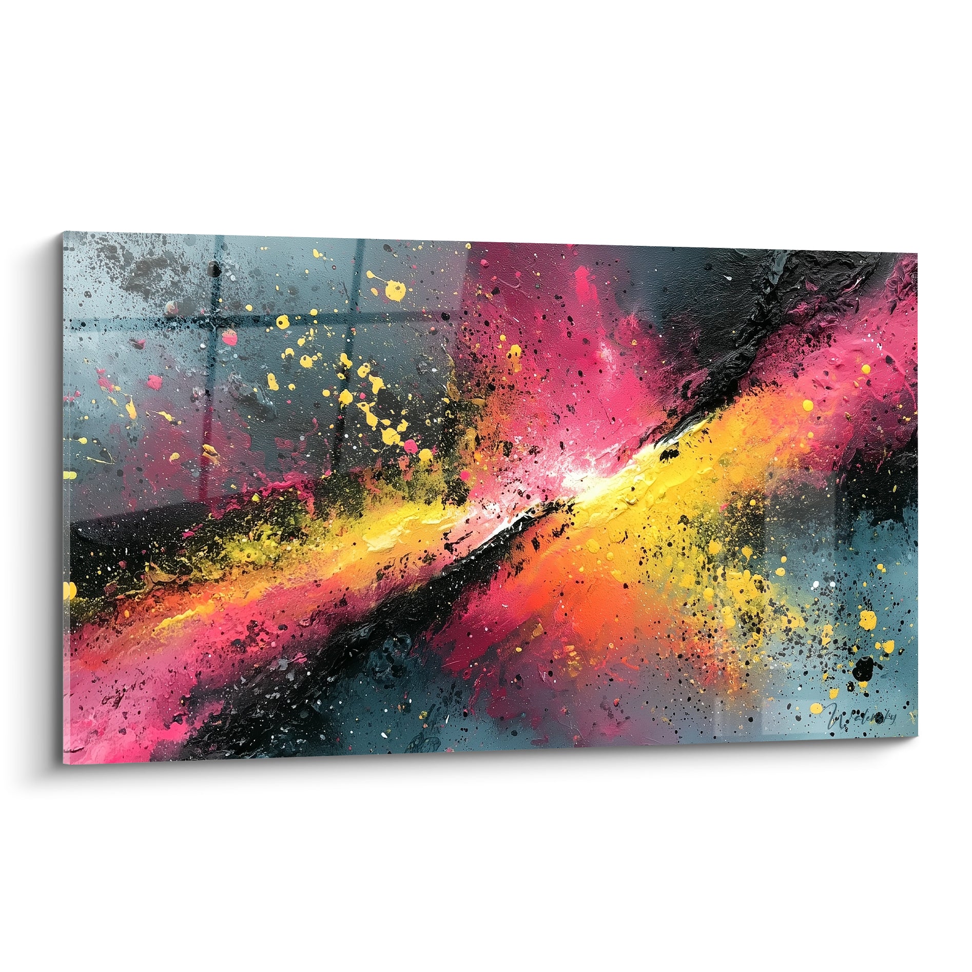 Faille jaune et rose fuchsia traversant un fond anthracite, matière épaisse et lumineuse, style Peinture abstrait