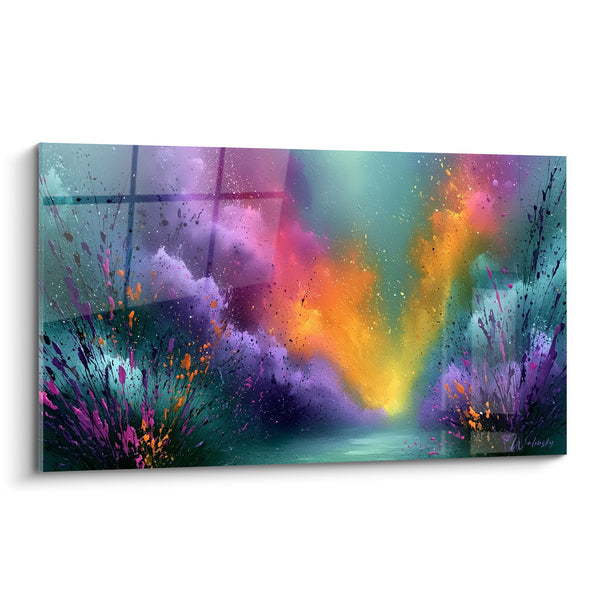 Dipinto Fascio di luce dorato, schizzi viola - Bagliore improvviso - Edizione stile Pittura astratta