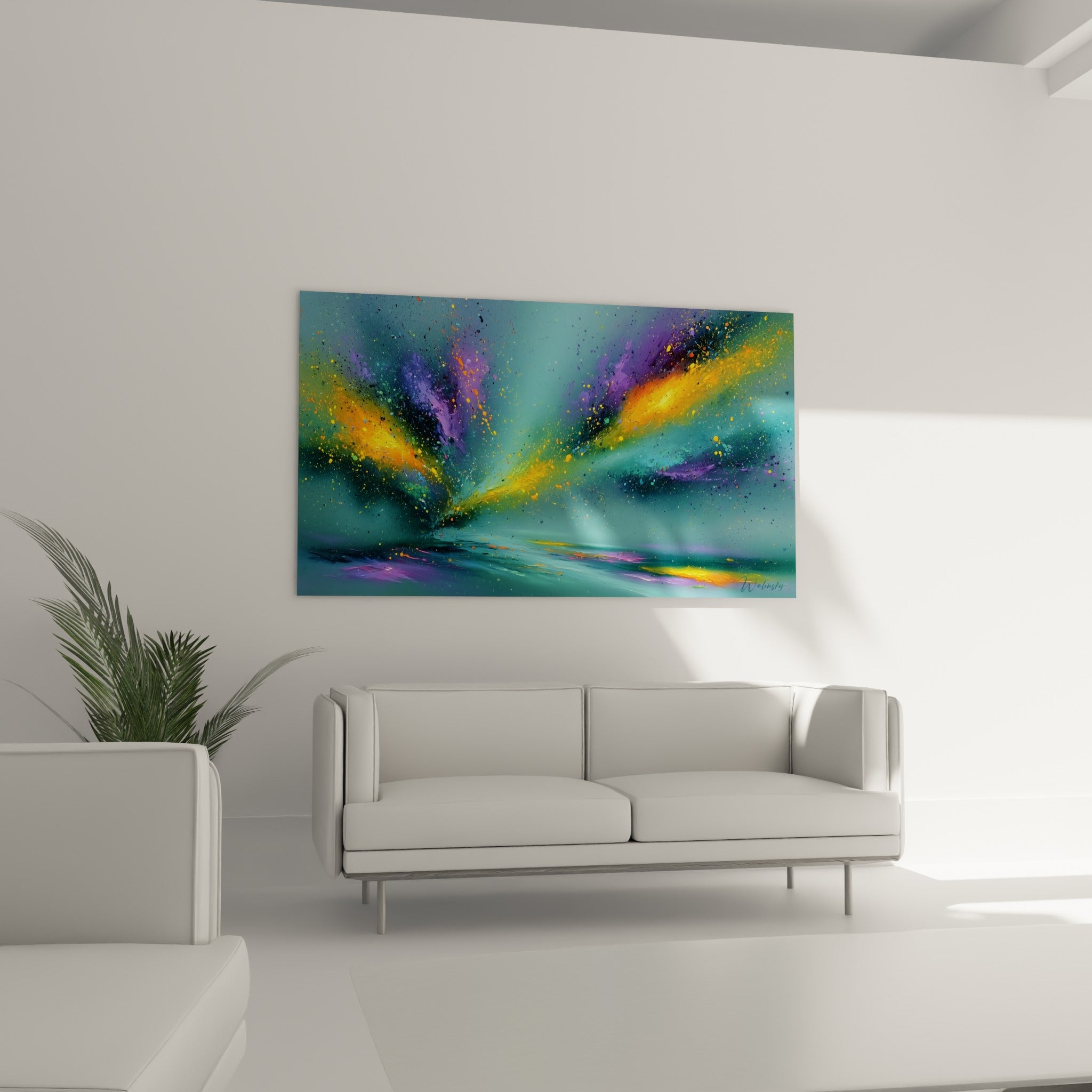 Faisceaux turquoise et orangés du tableau style Peinture abstrait au-dessus d'un canapé dans un salon lumineux