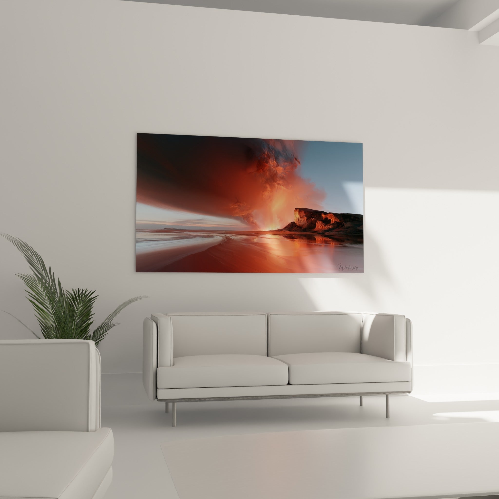 Falaise sombre et flammes orangées de ce tableau style Peinture abstrait, au-dessus d'un canapé dans un salon lumineux