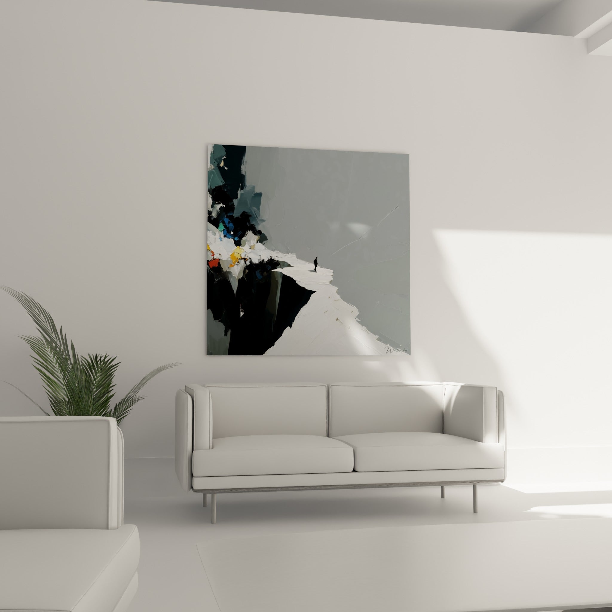 Figure isolée face à un ciel gris, tableau style Peinture abstrait au-dessus d'un canapé dans un salon lumineux