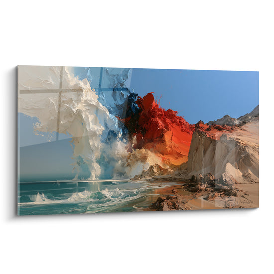 Falaise rouge et bleu marine en style Peinture abstrait, matière épaisse face à une mer turquoise