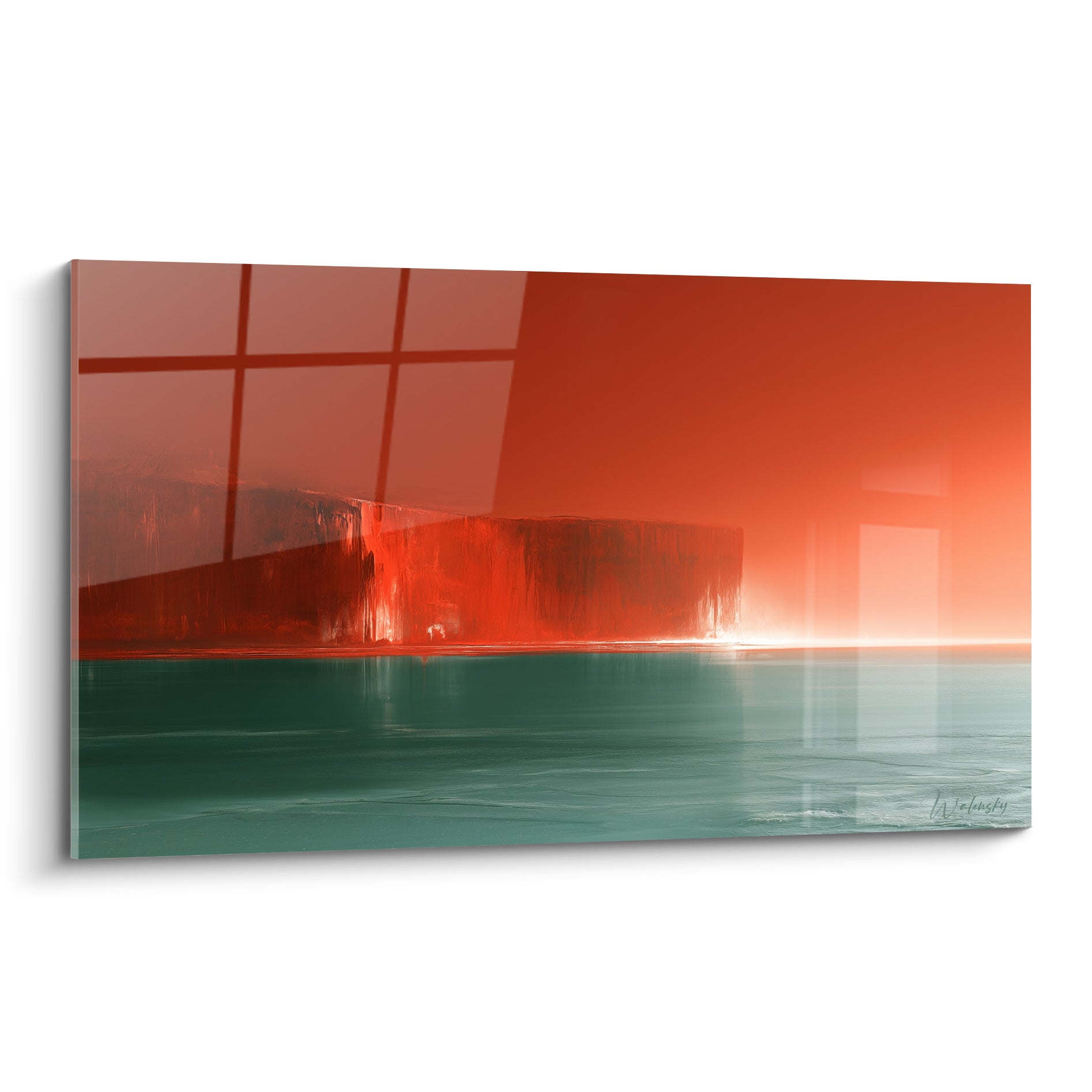 Falaise abstraite rouge vermillon et sarcelle, empâtements marqués sur horizon lumineux