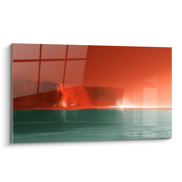 Tableau Falaise rouge sur mer sarcelle - Horizon en feu - Edition style Peinture abstrait