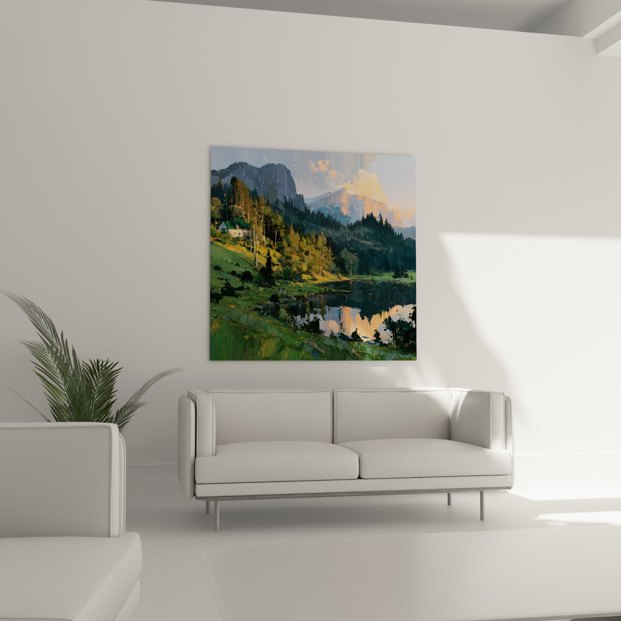 Falaises orangées et prairie verte du style Peinture abstrait, au-dessus d'un canapé dans un salon lumineux
