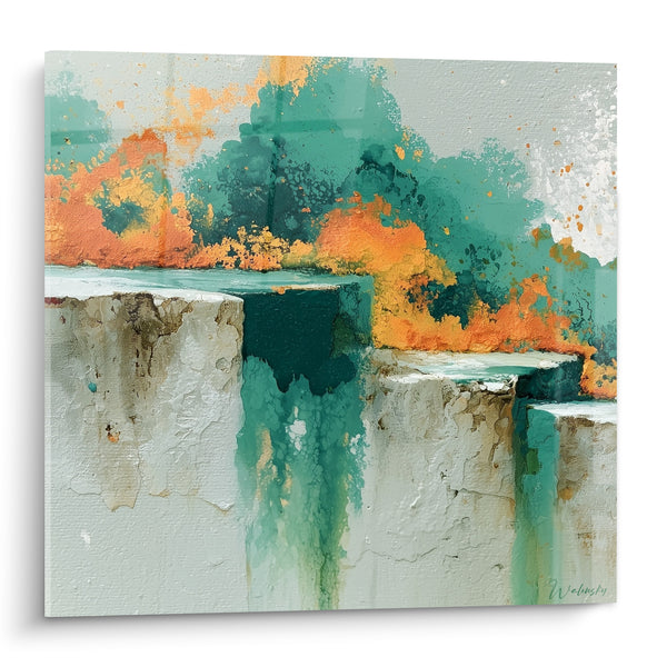 Tableau Falaises blanches aux coulées turquoise et orangées - Renaissance après l'orage - Edition style Peinture abstrait