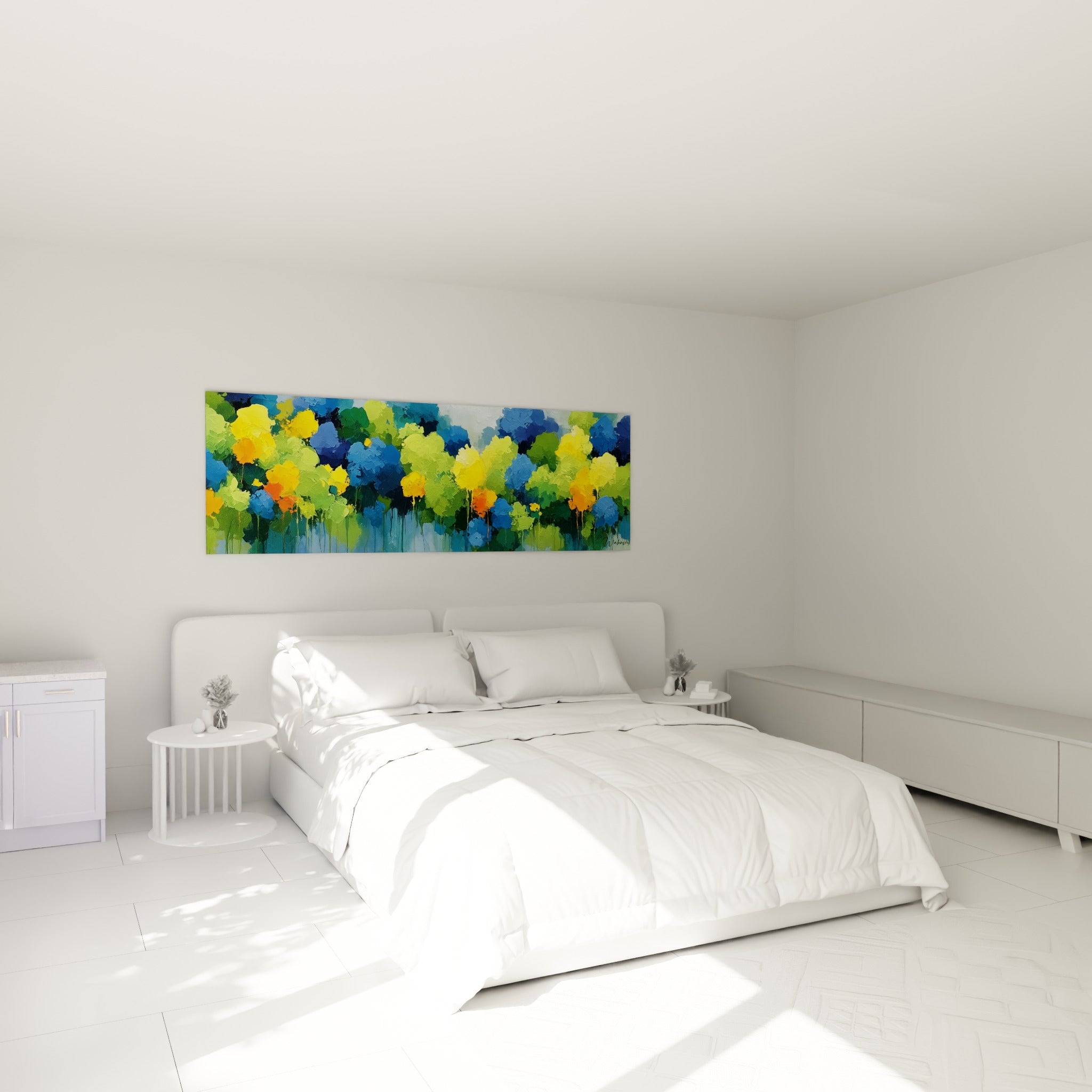 Feuillage bleu et jaune en touches épaisses, style Peinture abstrait au-dessus d'un lit dans une chambre claire