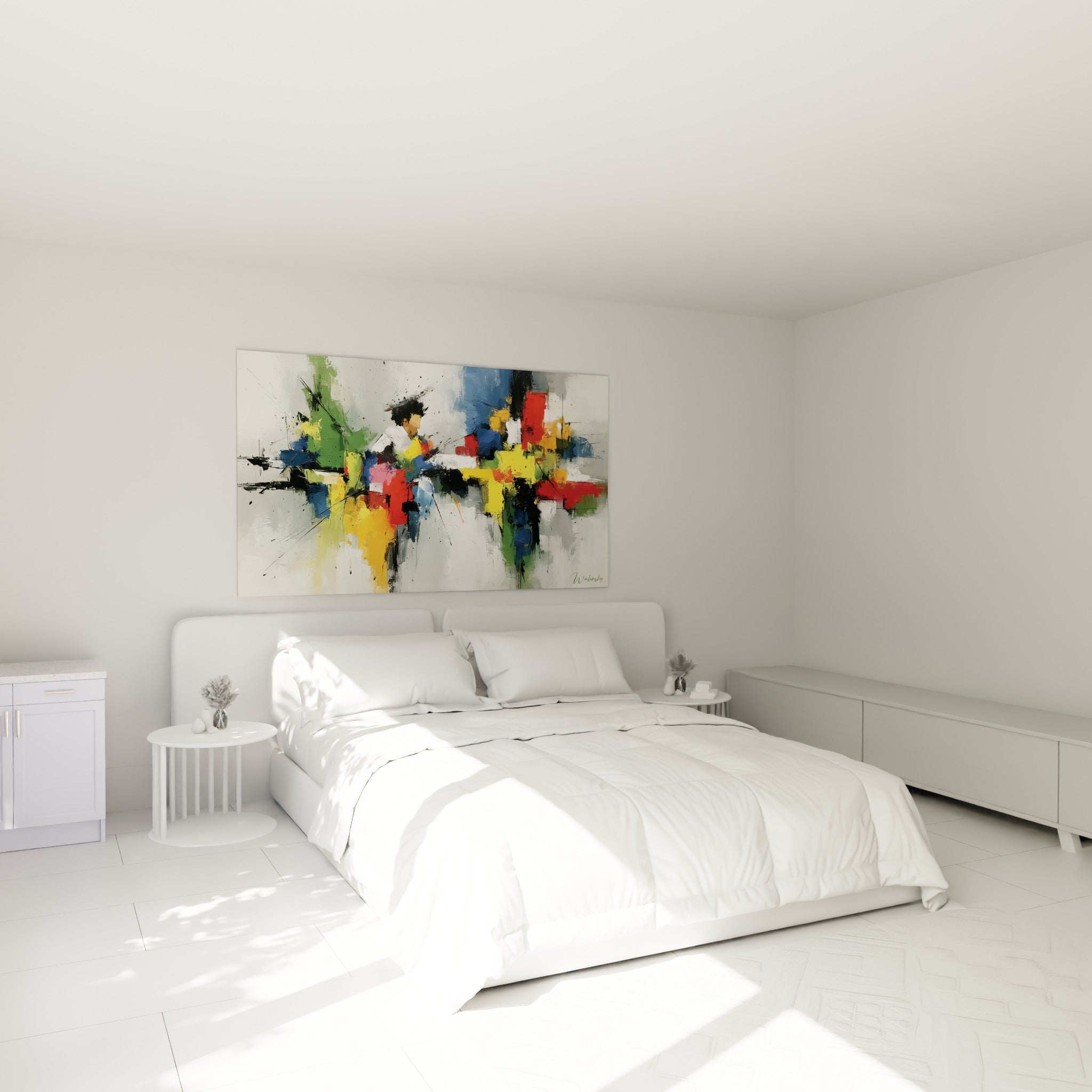 Figure fragmentée en jaune et bleu marine du style Peinture abstrait, au-dessus d'un lit dans une chambre claire