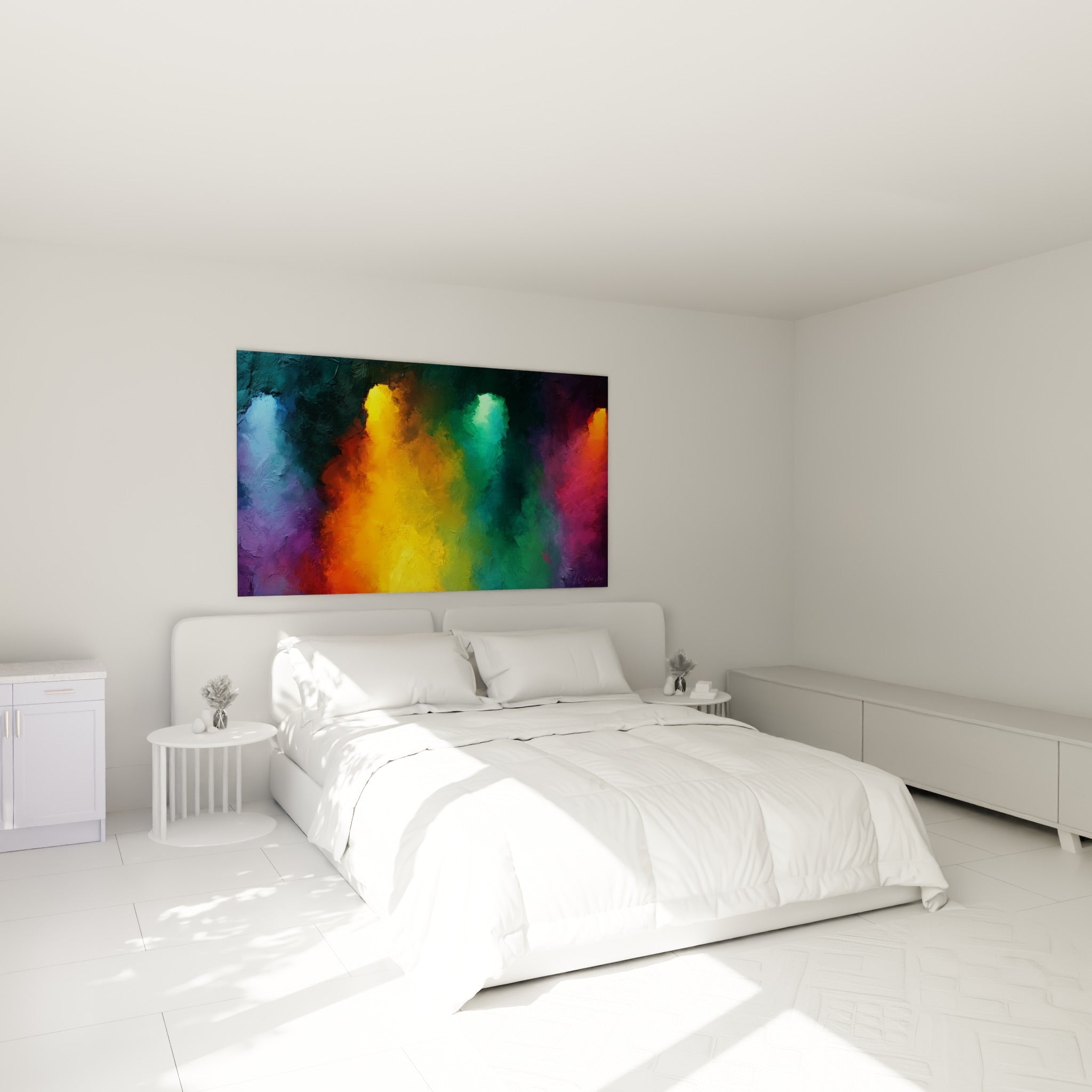Éclat coloré violet et doré du tableau style Peinture abstrait au-dessus d'un lit dans une chambre claire