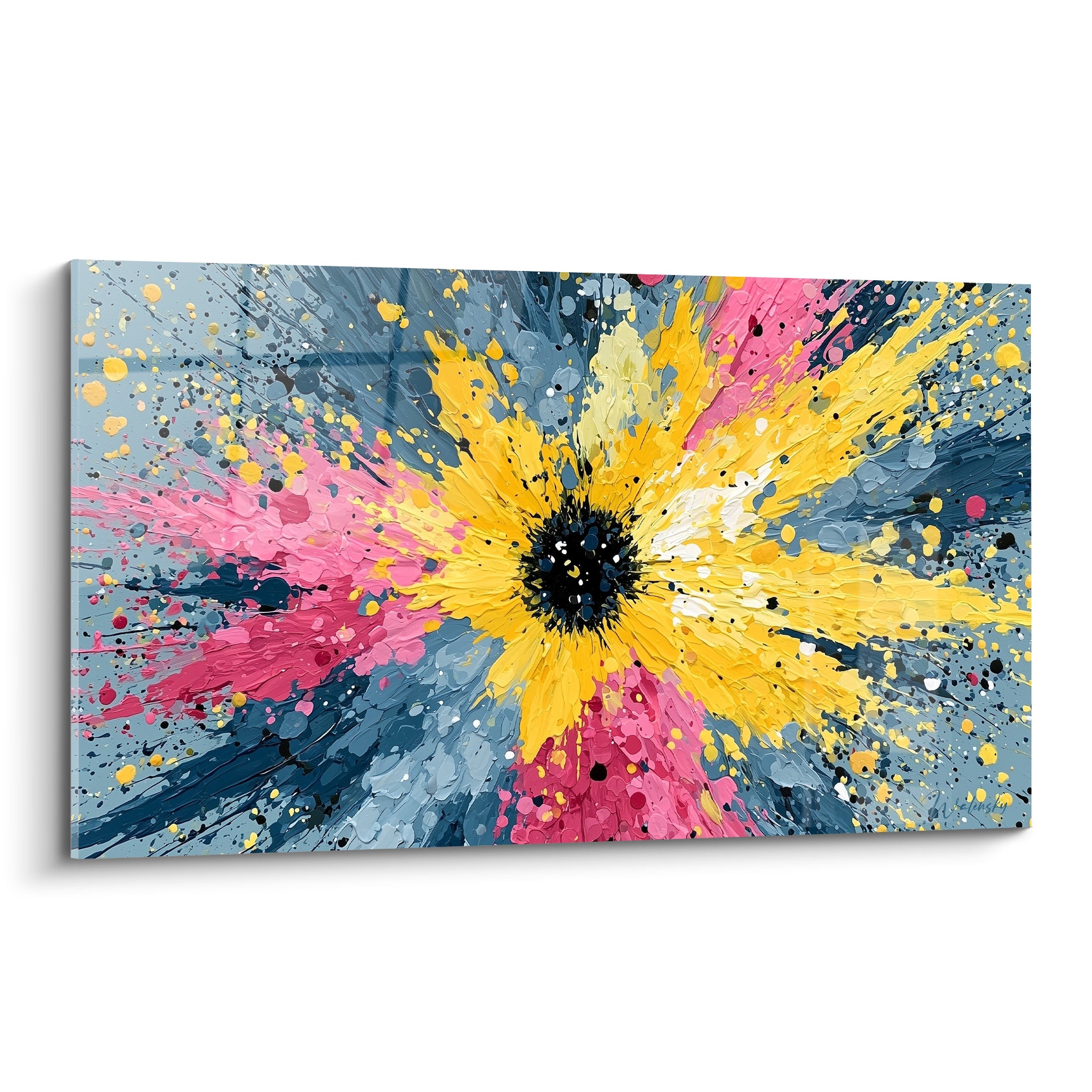 Fleur explosive jaune et rose éclatée sur fond bleu ardoise, style peinture abstrait au couteau