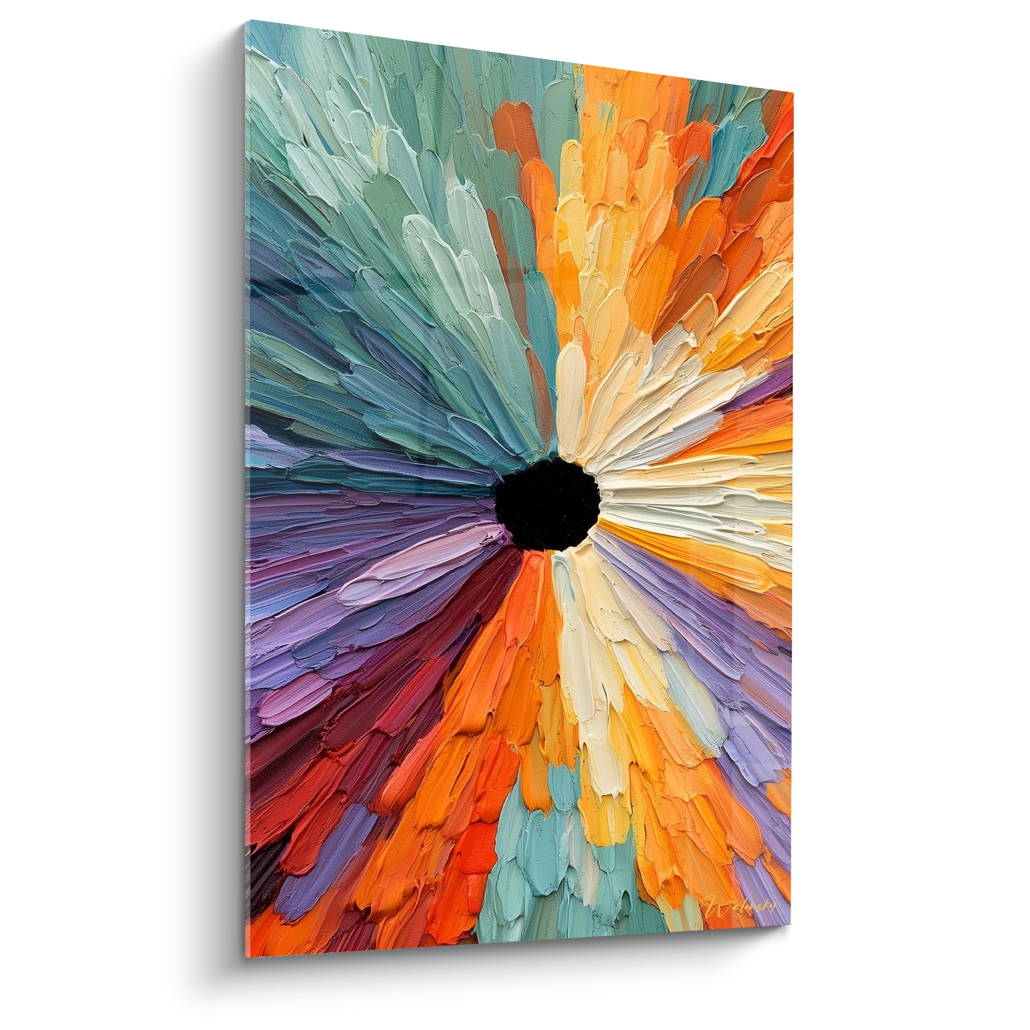 Fleur éclatée en orange et sarcelle avec cœur noir, empâtements épais style Peinture abstrait