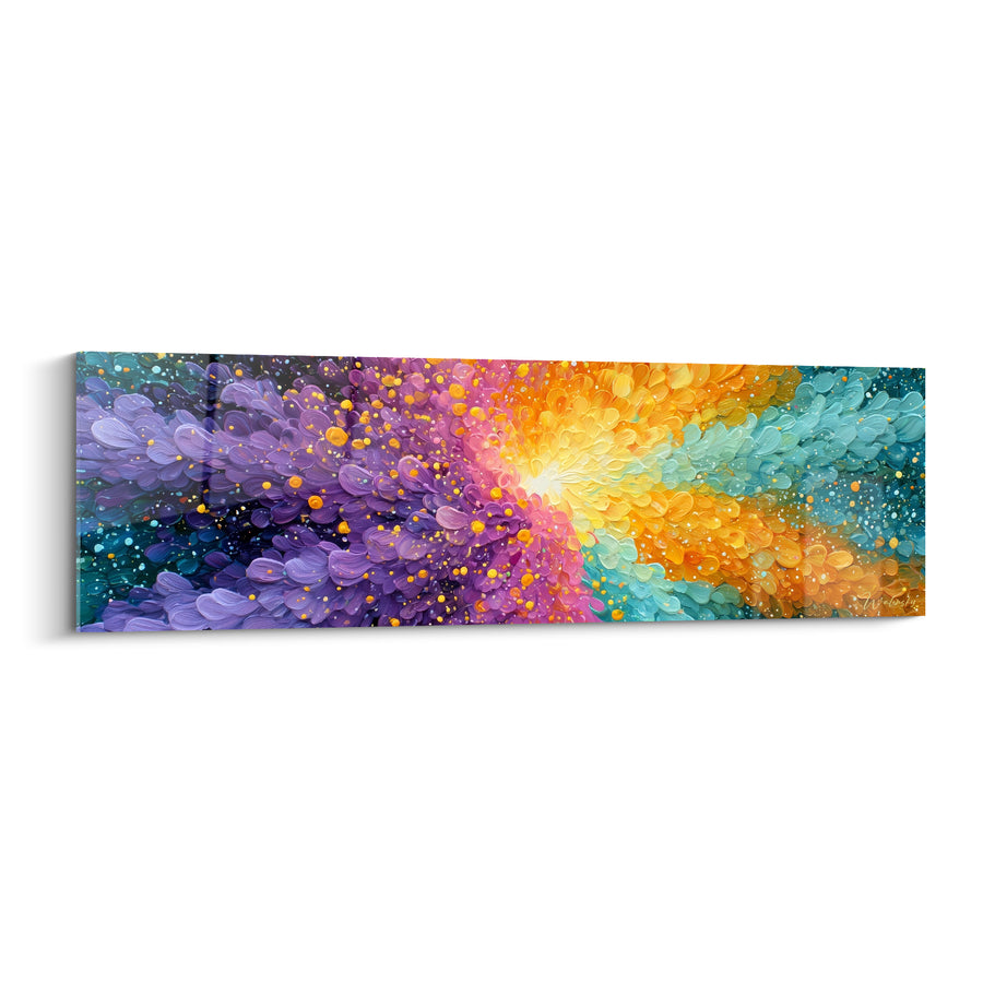 Tableau Nébuleuse violette et turquoise en éclosion centrale - Pétales moutonneux lumineux - Edition style Peinture abstrait