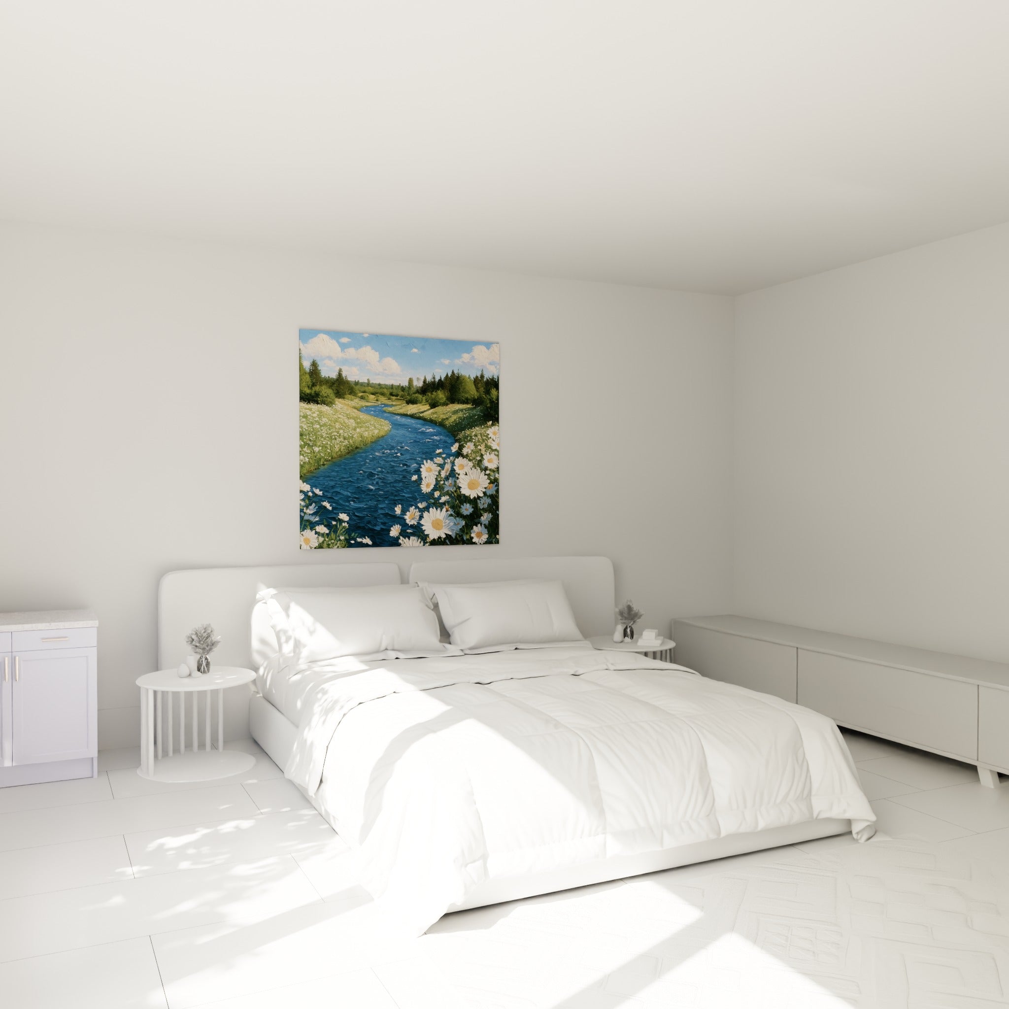 Marguerites blanches et rivière bleu profond peintes en empâtement, au-dessus d'un lit dans une chambre claire