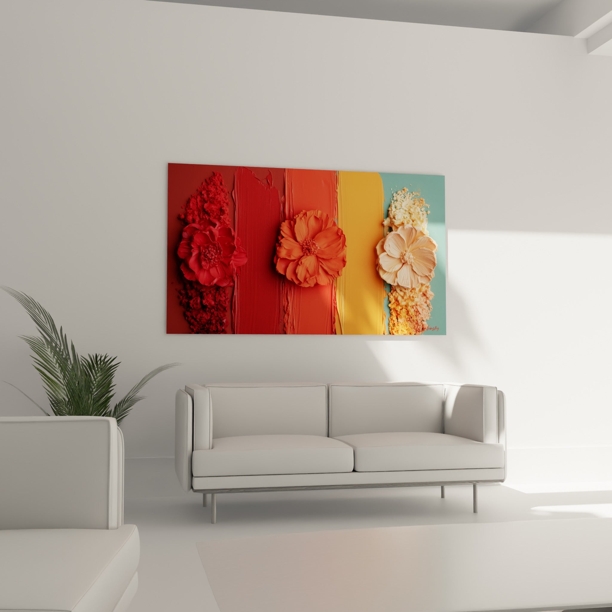 Bandes rouge, orange et bleu canard avec fleurs sculptées, style Peinture abstrait, au-dessus d'un canapé dans un salon lumineux