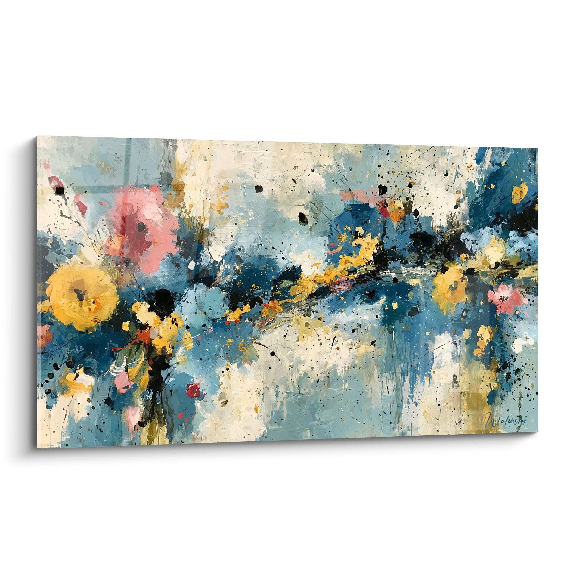 Fleurs éclatées bleu marine et jaune doré, style Peinture abstrait en composition gestuelle