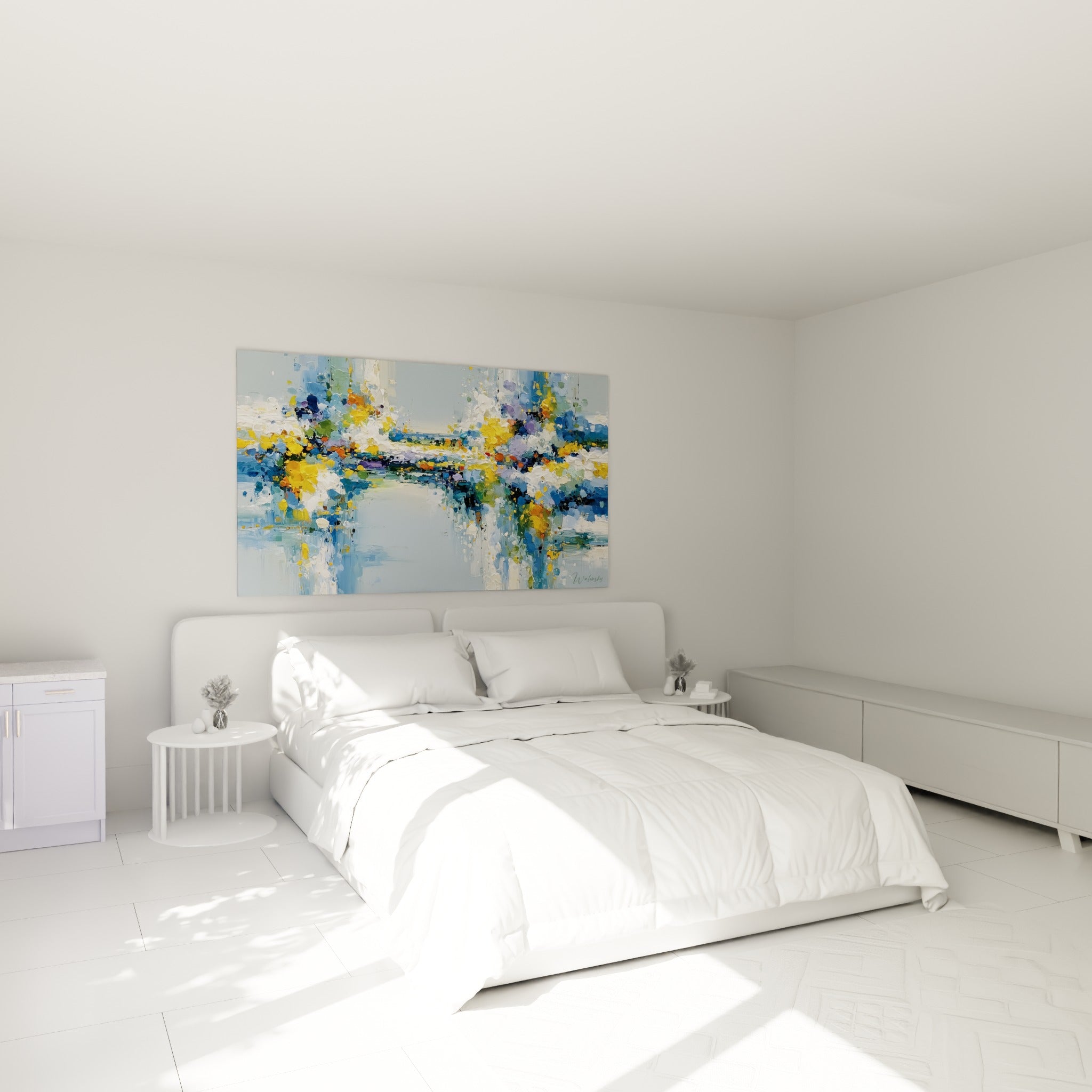 Fleurs abstraites bleu pastel et orange, style Peinture abstrait, au-dessus d'un lit dans une chambre claire
