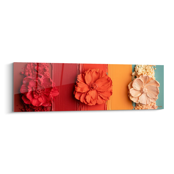 Tableau Fleurs sculptées rouge et orange en bandes dégradées - Trio floral en relief - Edition style Peinture abstrait