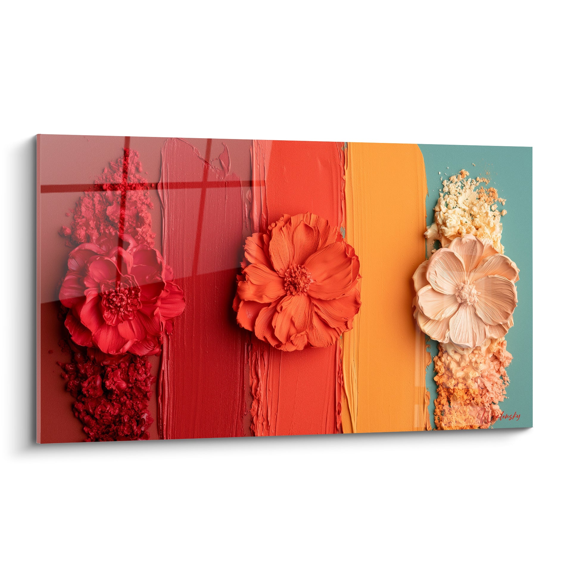 Fleurs sculptées rouge cerise et orange vif sur bandes colorées, style Peinture abstrait en relief épais