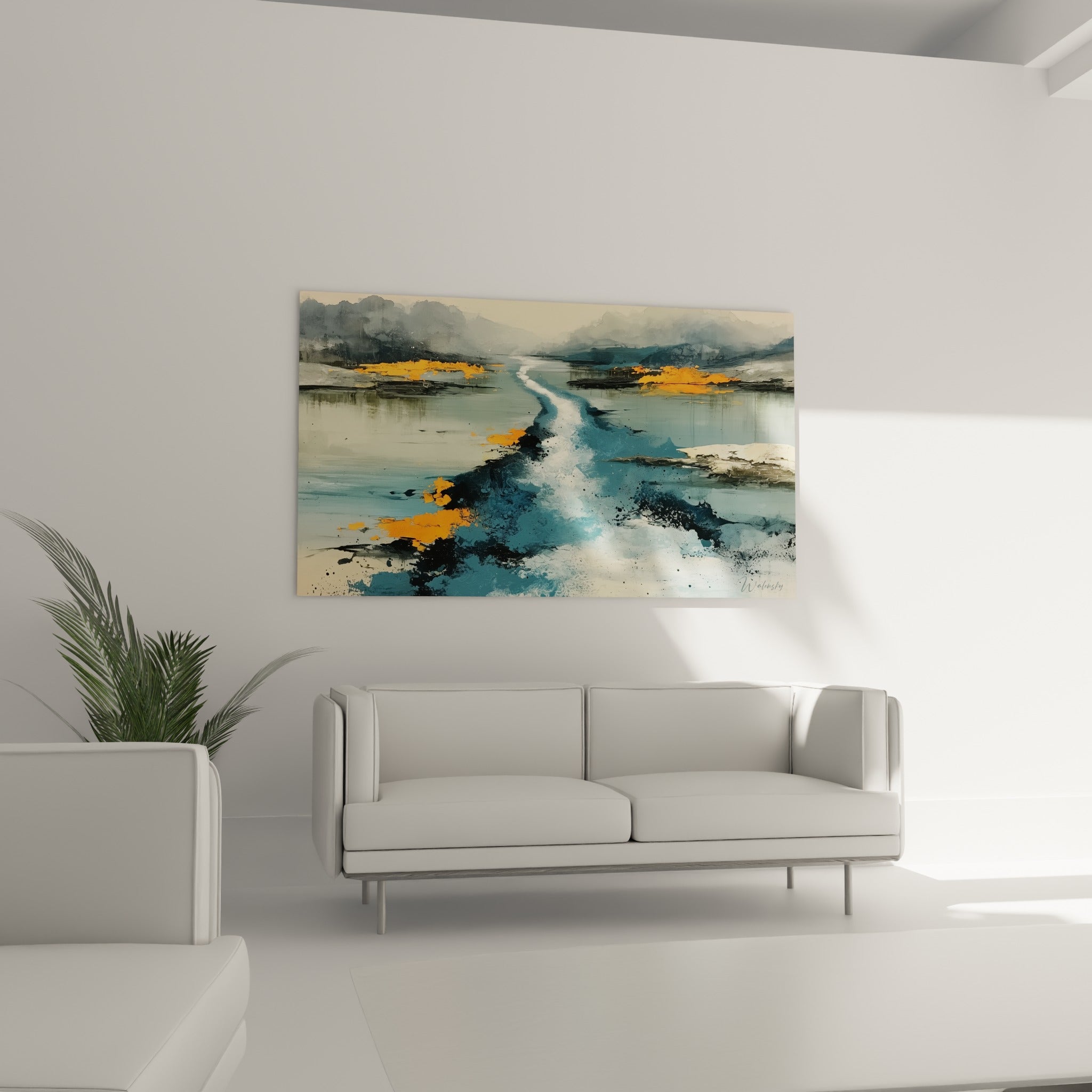 Fleuve abstrait bleu et orange aux reflets dorés, au-dessus d'un canapé dans un salon lumineux