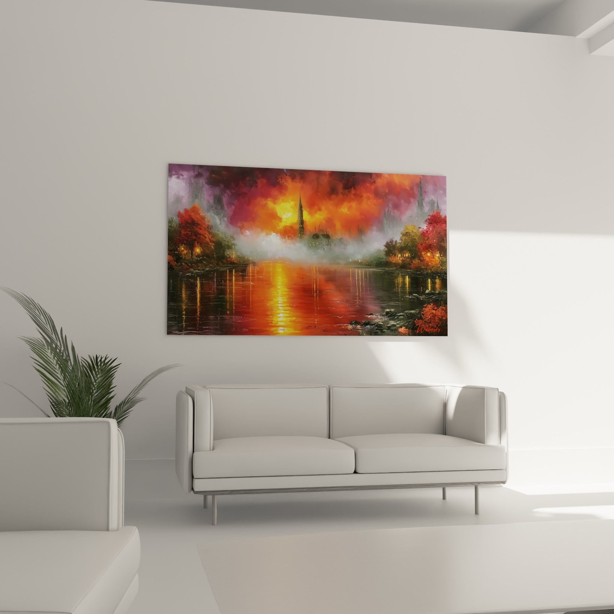 Ciel pourpre et reflets dorés du style peinture abstrait installés au-dessus d'un canapé dans un salon lumineux