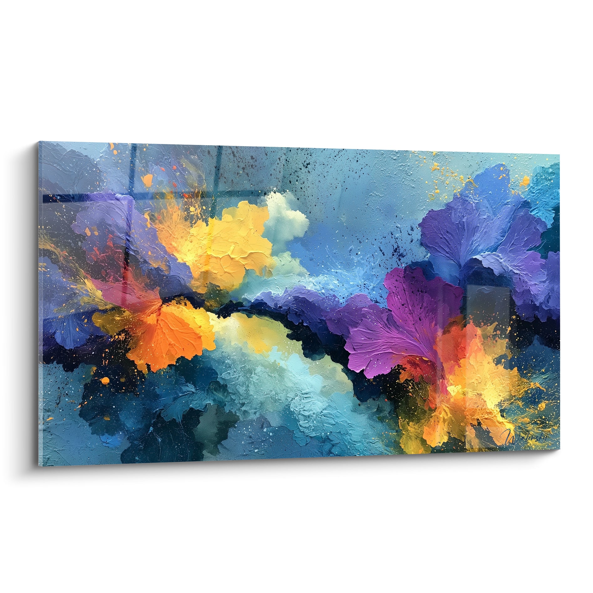 Explosion florale bleu profond et orange fauve, empâtements texturés, style Peinture abstrait plein cadre