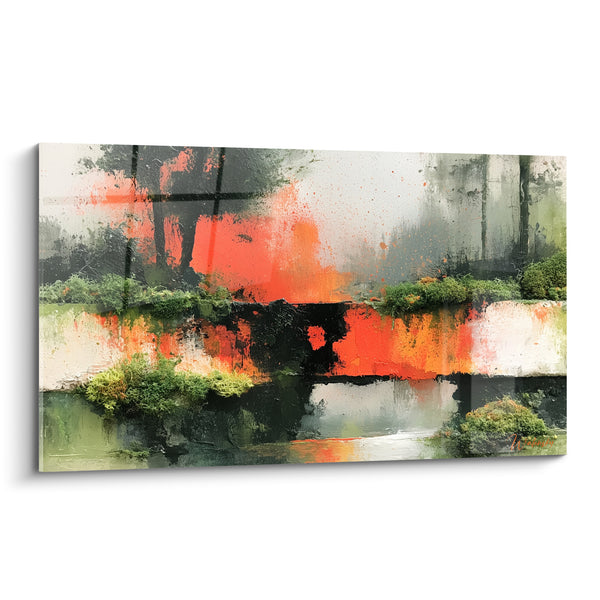 Tableau Paysage abstrait aux touches orange et vertes - Lueur d'incendie - Edition style Peinture abstrait