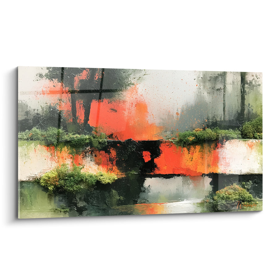 Tableau Paysage abstrait aux touches orange et vertes - Lueur d'incendie - Edition style Peinture abstrait
