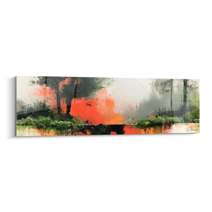 Tableau Forêt orange et vert au bord d'un étang - Incendie silencieux - Edition style Peinture abstrait