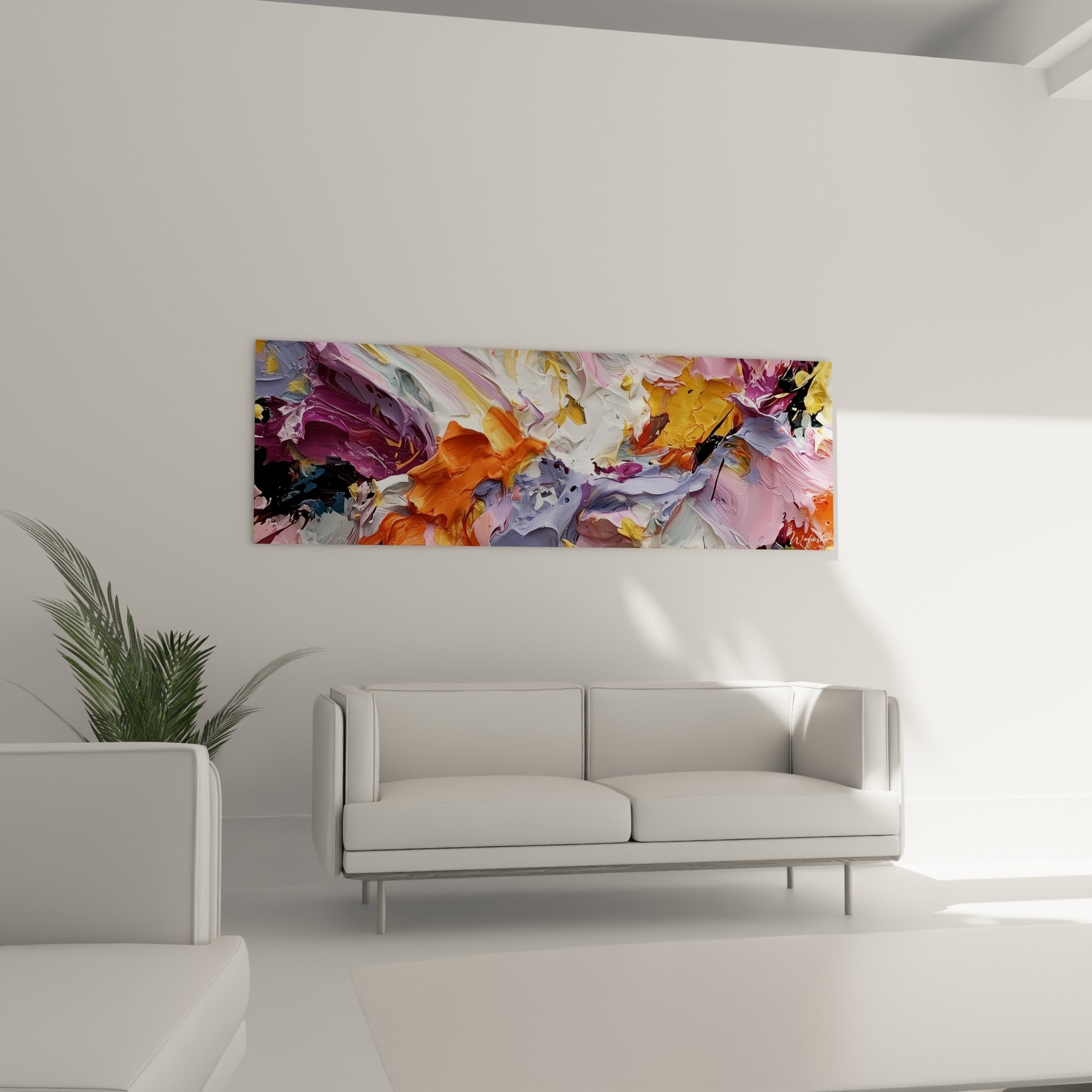 Formes orangées et violettes en style Peinture abstrait, au-dessus d'un canapé dans un salon lumineux