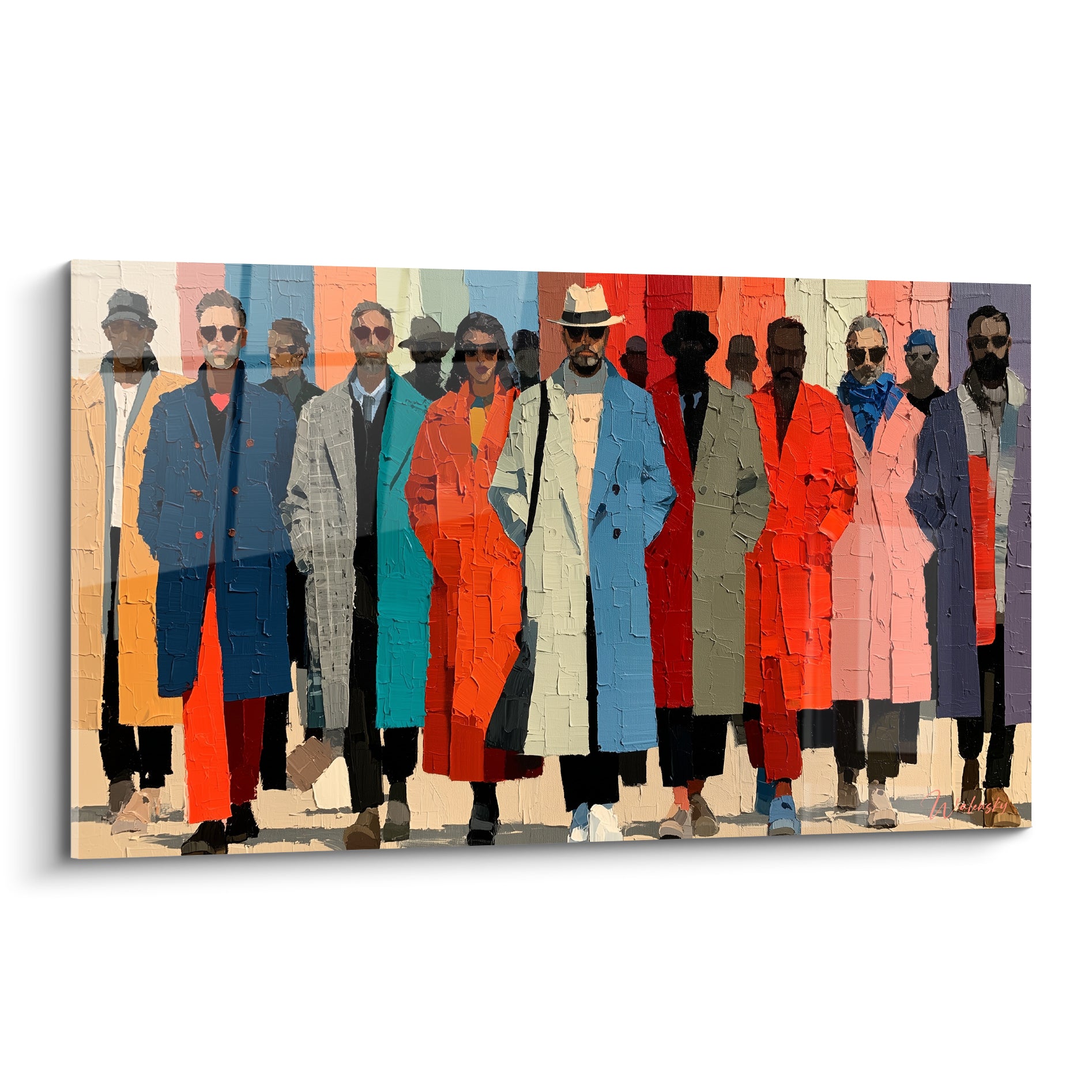 Foule aux manteaux bleu marine et orange corail, texture épaisse, tableau style Peinture abstrait