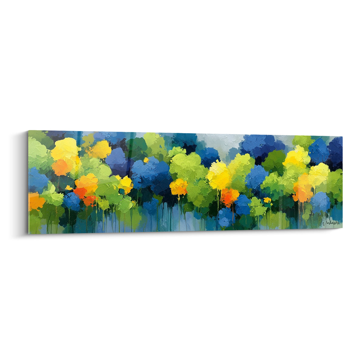 Frondaisons abstraites bleu marine et jaune vif aux empâtements épais, style Peinture abstrait panoramique