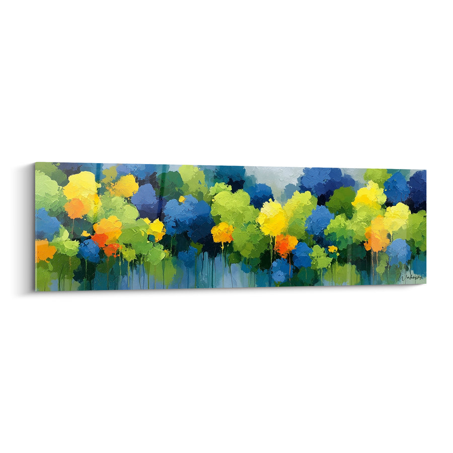 Tableau Frondaisons bleues et jaunes en empâtements - Lisière vibrante - Edition style Peinture abstrait