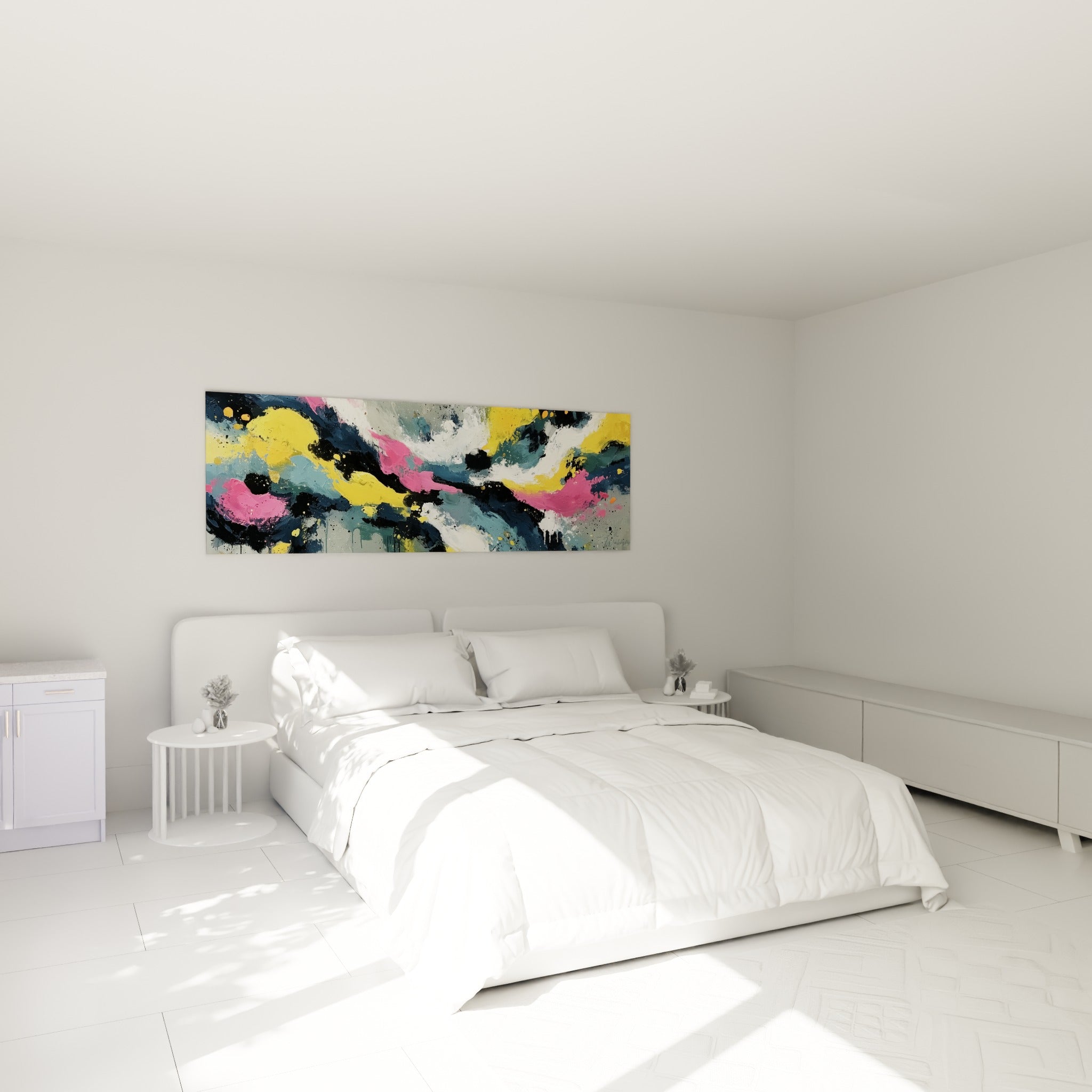Coulées jaune et rose fuchsia du style Peinture abstrait, accrochées au-dessus d'un lit dans une chambre claire