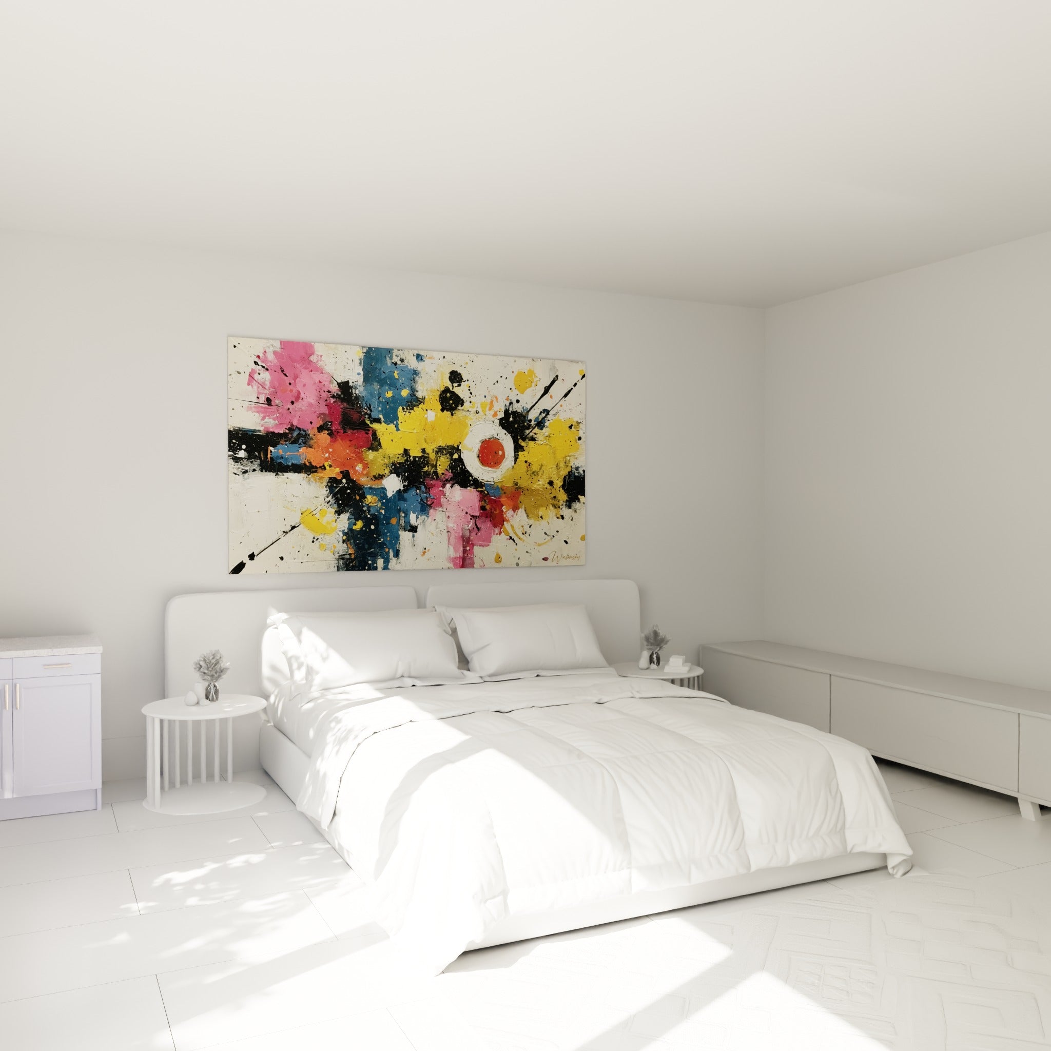 Compositions jaunes et fuchsia du tableau style Peinture abstrait, au-dessus d'un lit dans une chambre claire