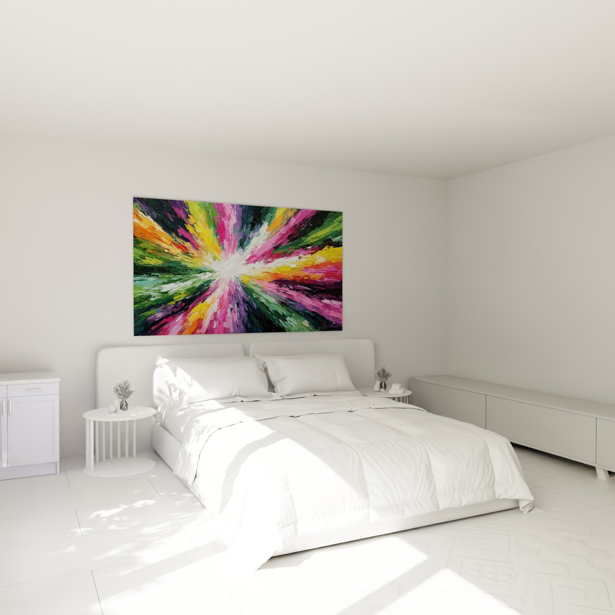 Jaillissement coloré rose et vert d'un tableau style Peinture abstrait au-dessus d'un lit dans une chambre claire