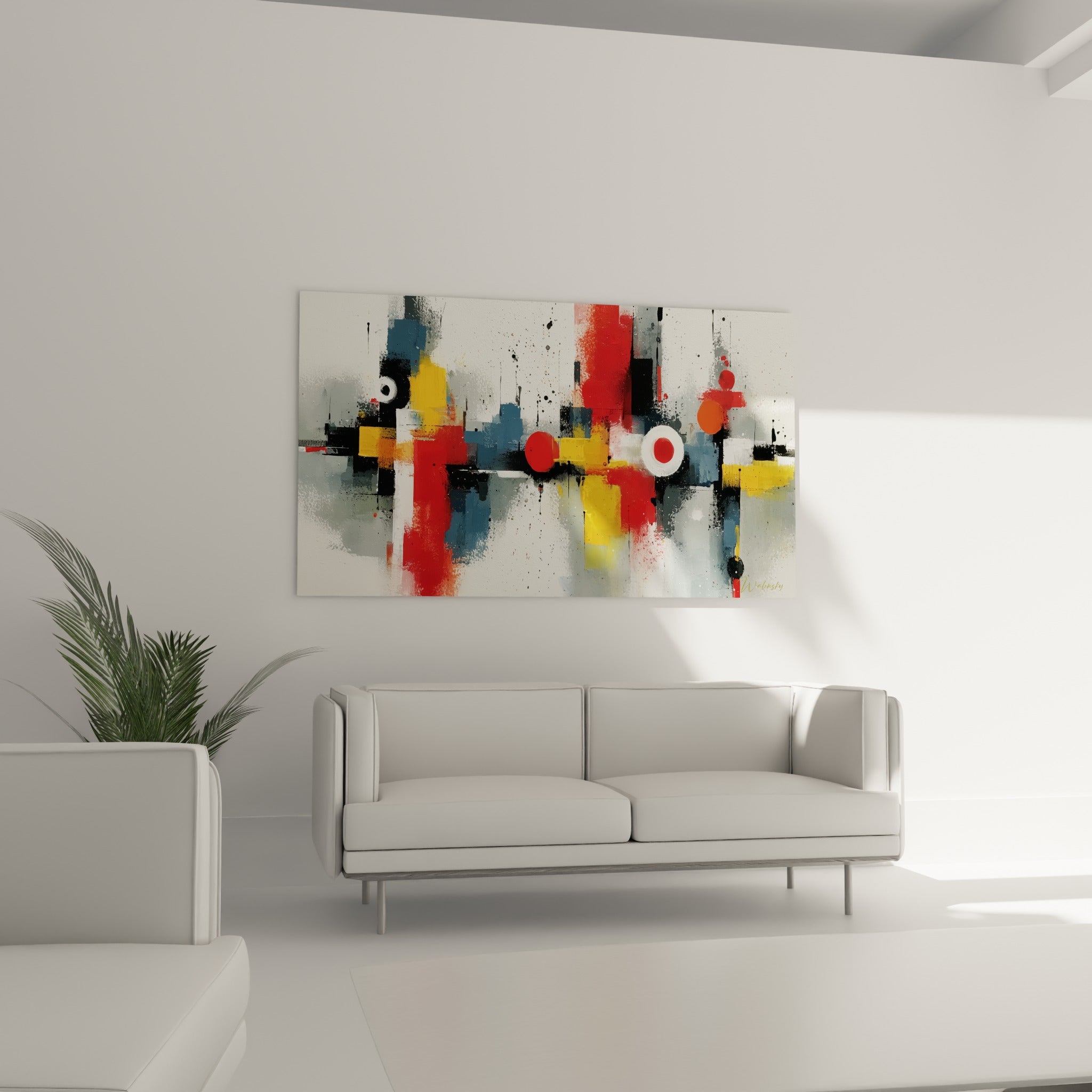 Formes géométriques rouges et bleu ardoise de ce tableau style Peinture abstrait au-dessus d'un canapé dans un salon lumineux