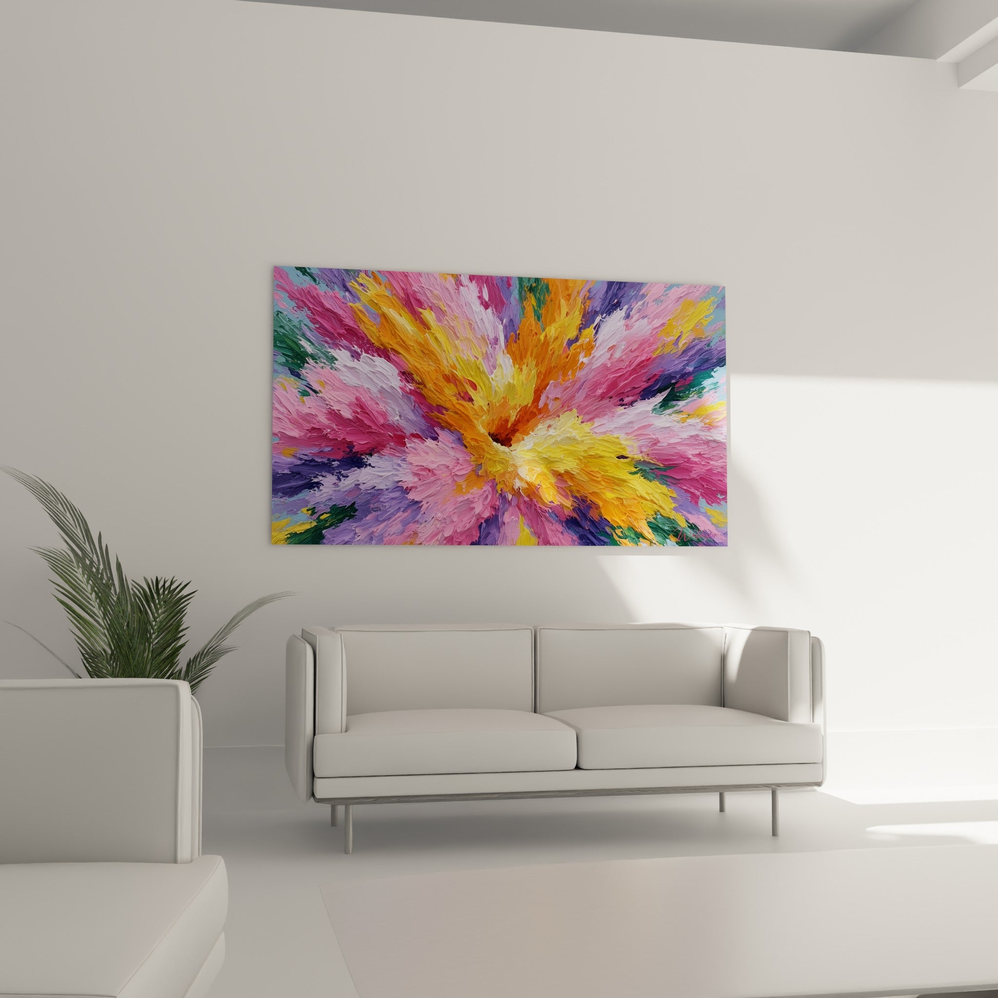 Gerbe colorée orange et violette du style Peinture abstrait, disposée au-dessus d'un canapé dans un salon lumineux