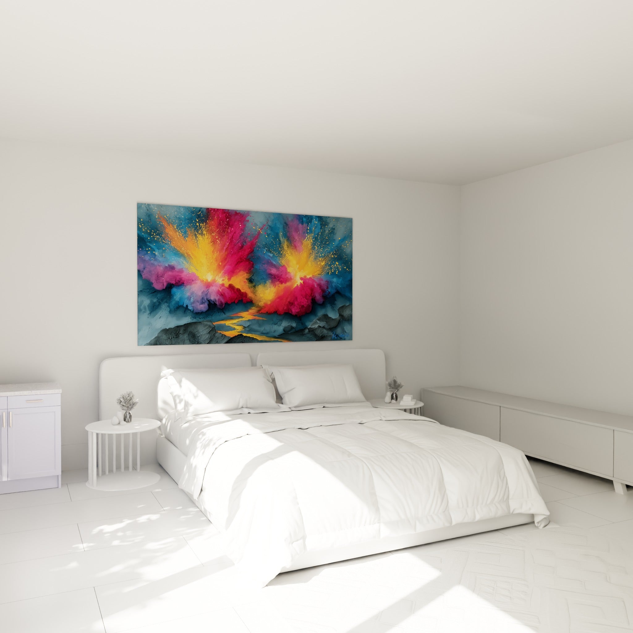 Geysers dorés et pourpres sur roche sombre, accrochés au-dessus d'un lit dans une chambre claire.