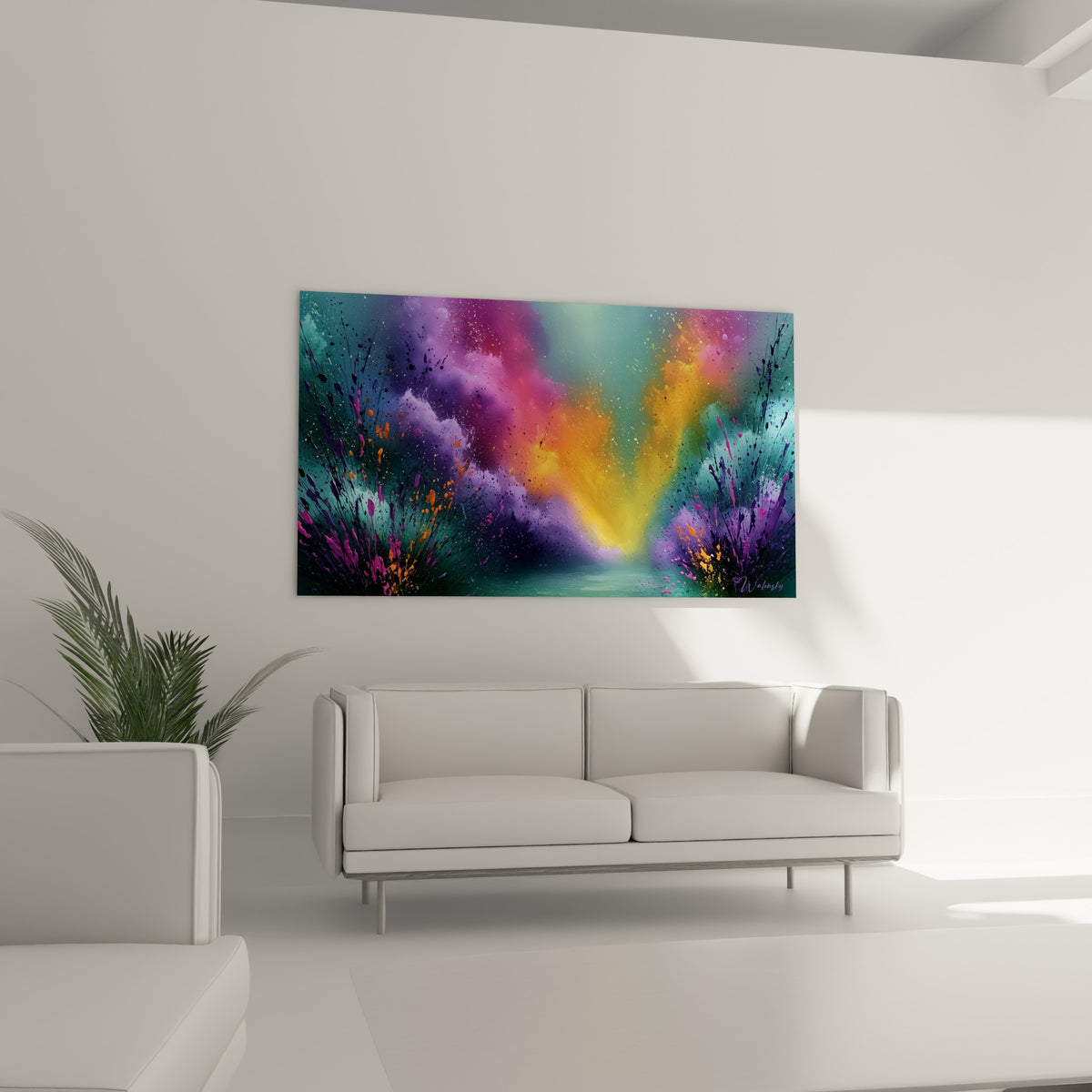 Halo orangé traversant un fond turquoise profond du style Peinture abstrait au-dessus d'un canapé dans un salon lumineux