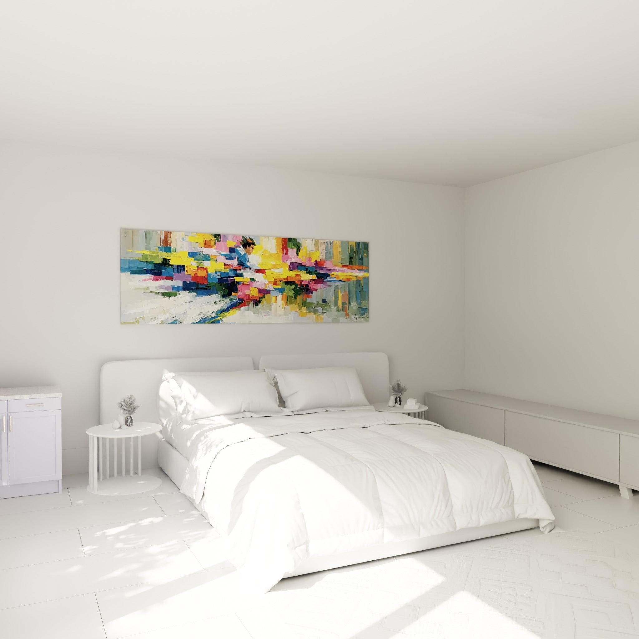 Homme penché aux couleurs jaune et rose vif, style Peinture abstrait au-dessus d'un lit dans une chambre claire