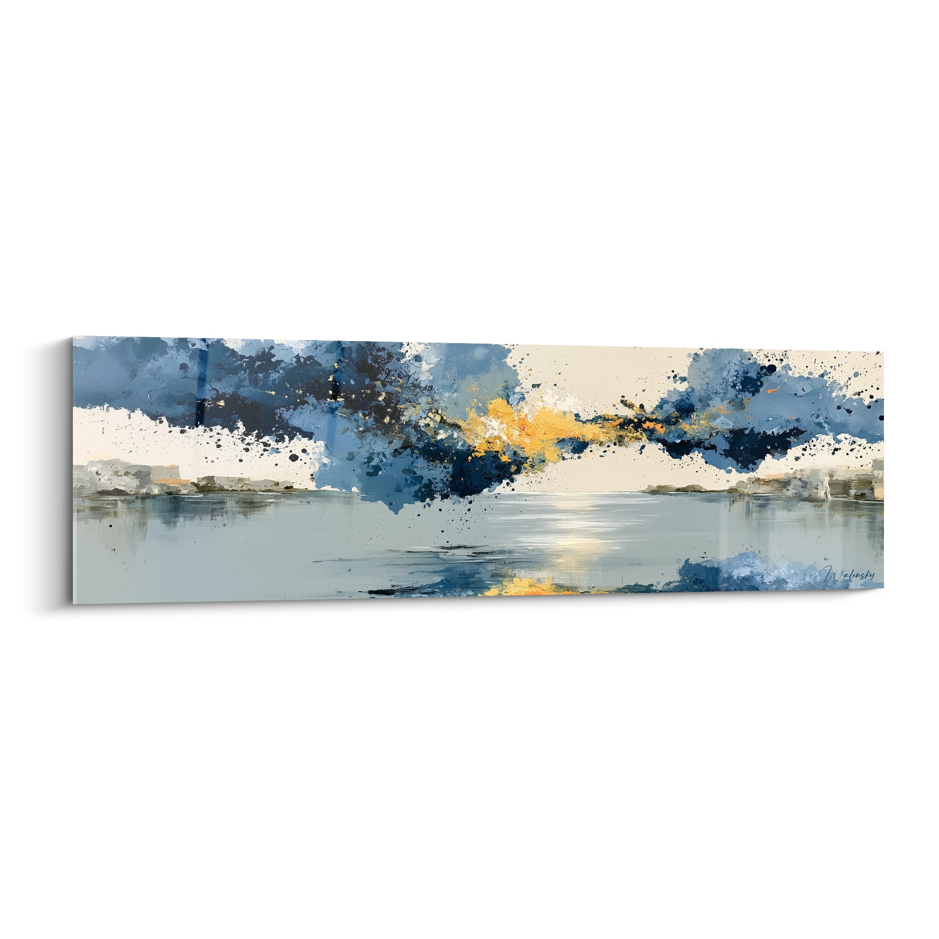 Horizon marin en peinture abstraite, bleu marine et doré, ciel éclaté au-dessus d'une eau calme