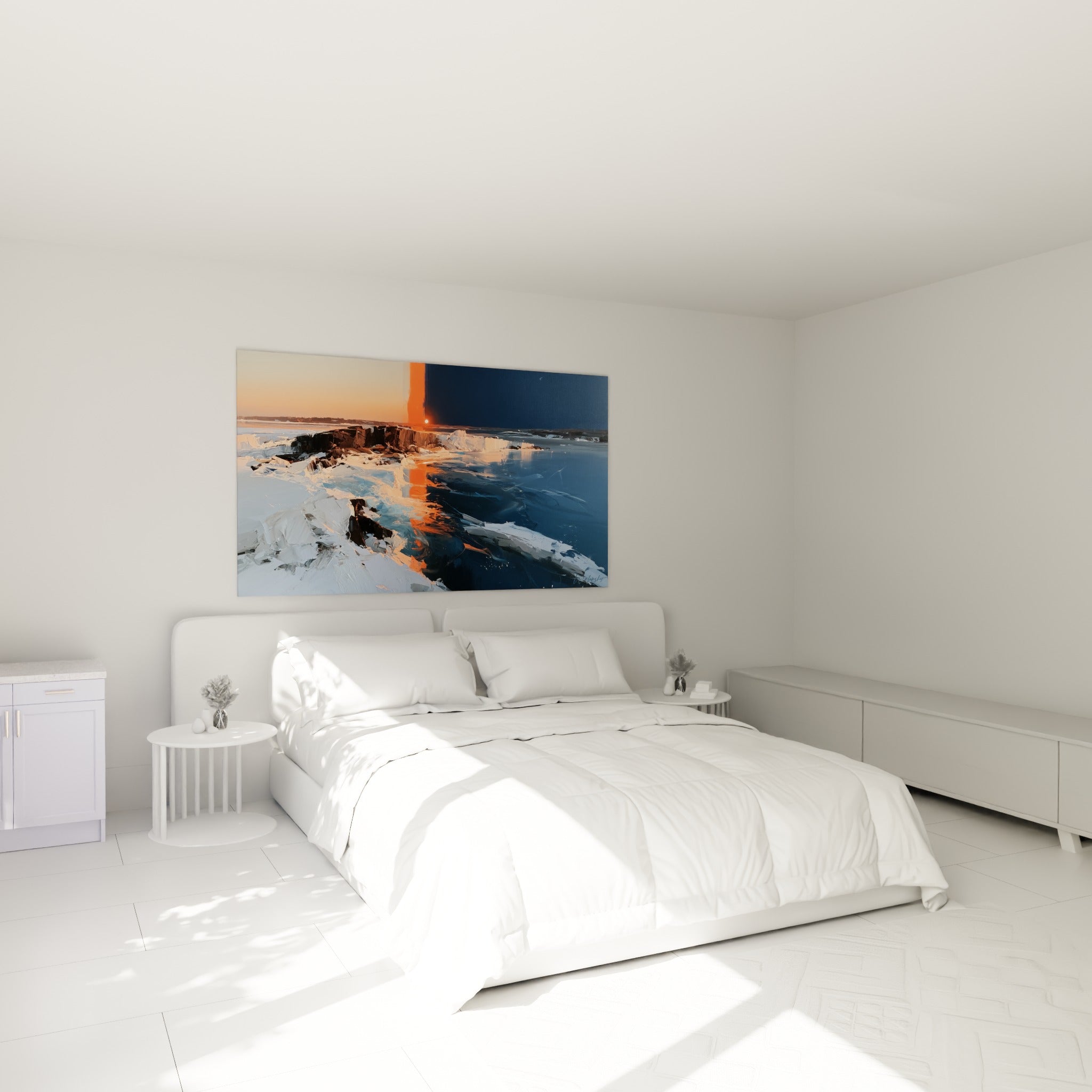 Horizon polaire bleu marine et orangé au style Peinture abstrait, au-dessus d'un lit dans une chambre claire
