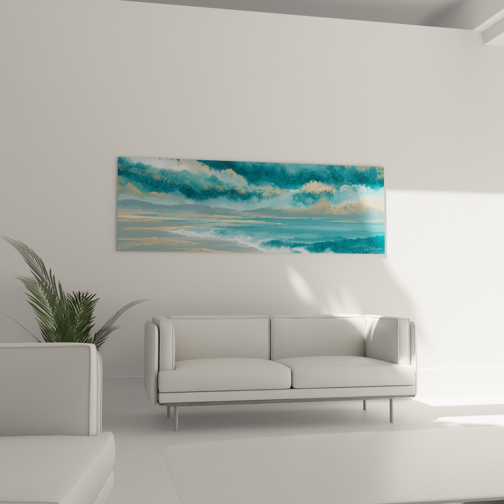 Nuages dorés et mer bleu sarcelle au-dessus d'un canapé dans un salon lumineux