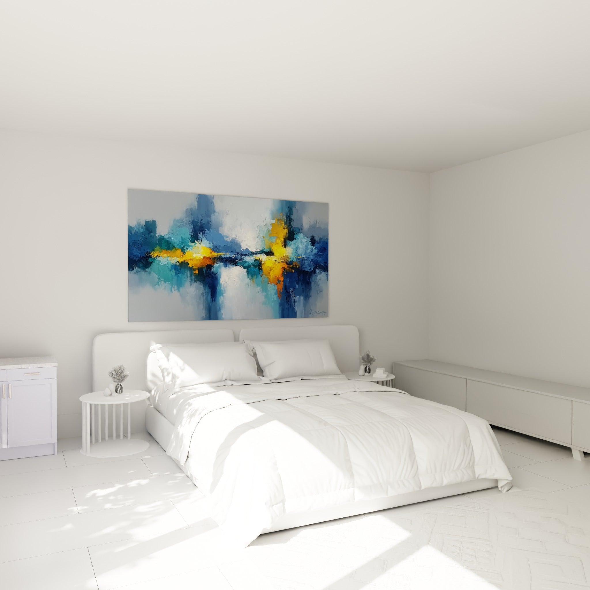 Composition bleu marine et doré du style Peinture abstrait, accrochée au-dessus d'un lit dans une chambre claire