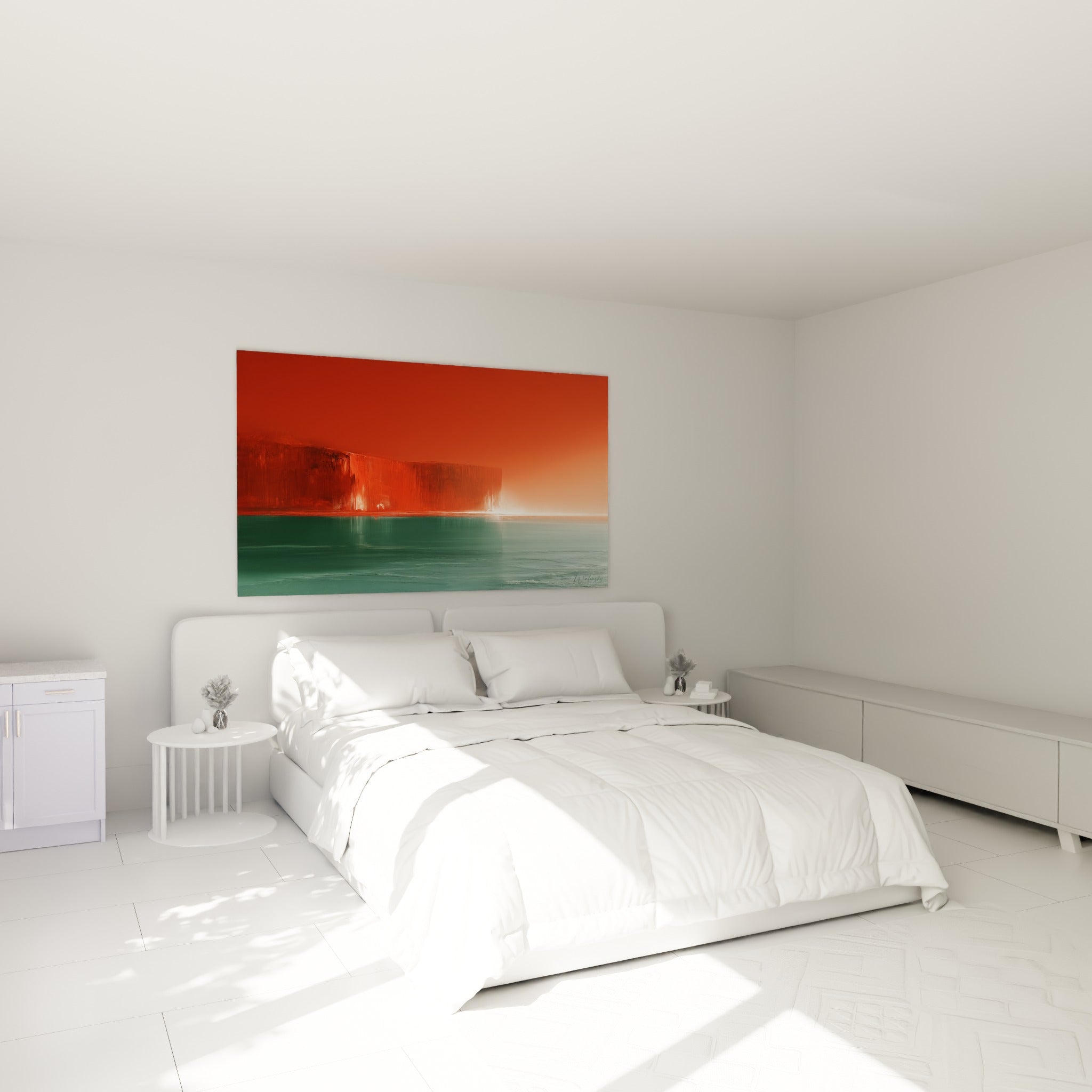 Composition rouge et sarcelle aux coulures marquées, accrochée au-dessus d'un lit dans une chambre claire