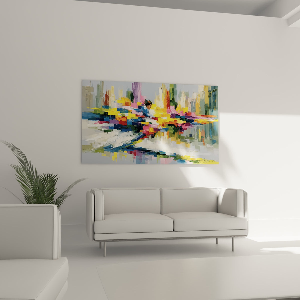 Blocs de couleurs jaune et rose empâtés formant une ville, au-dessus d'un canapé dans un salon lumineux